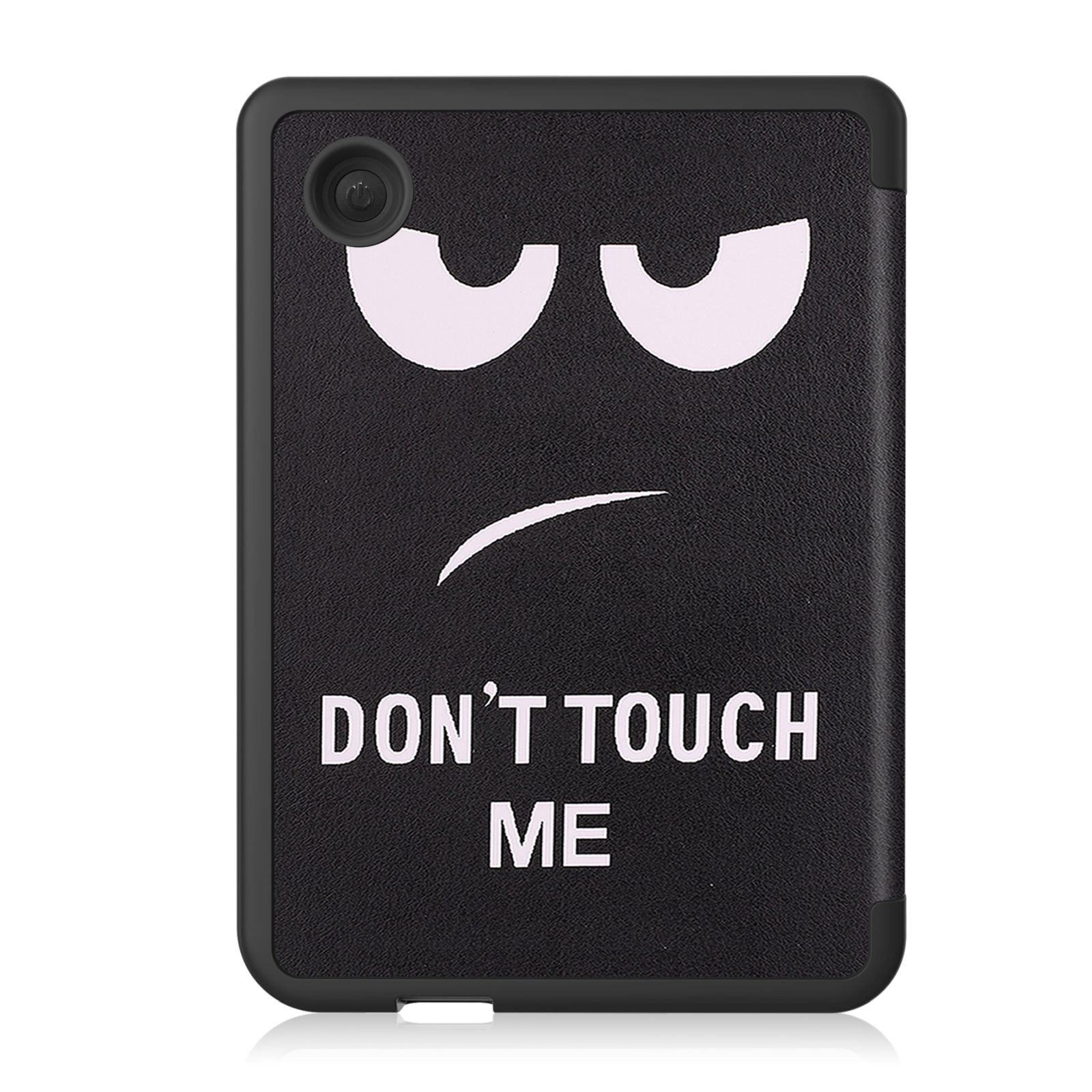Eine schwarze Tablet-Hülle mit den Worten 'DON'T TOUCH ME' und einem Cartoon-Gesicht.
