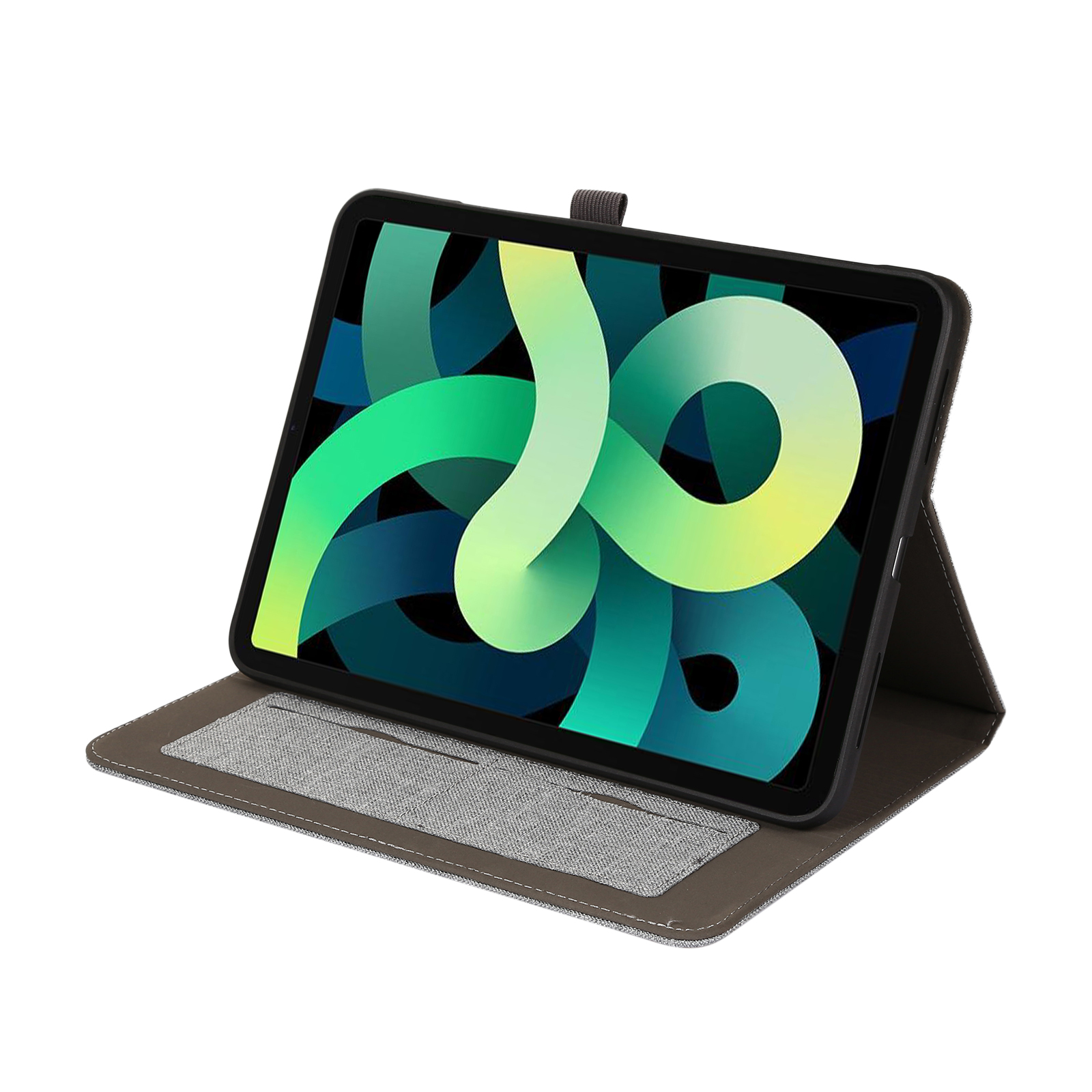 iPad in Hülle, geöffnet, graue Basis. Display zeigt grüne und gelbe abstrakte Kunst.