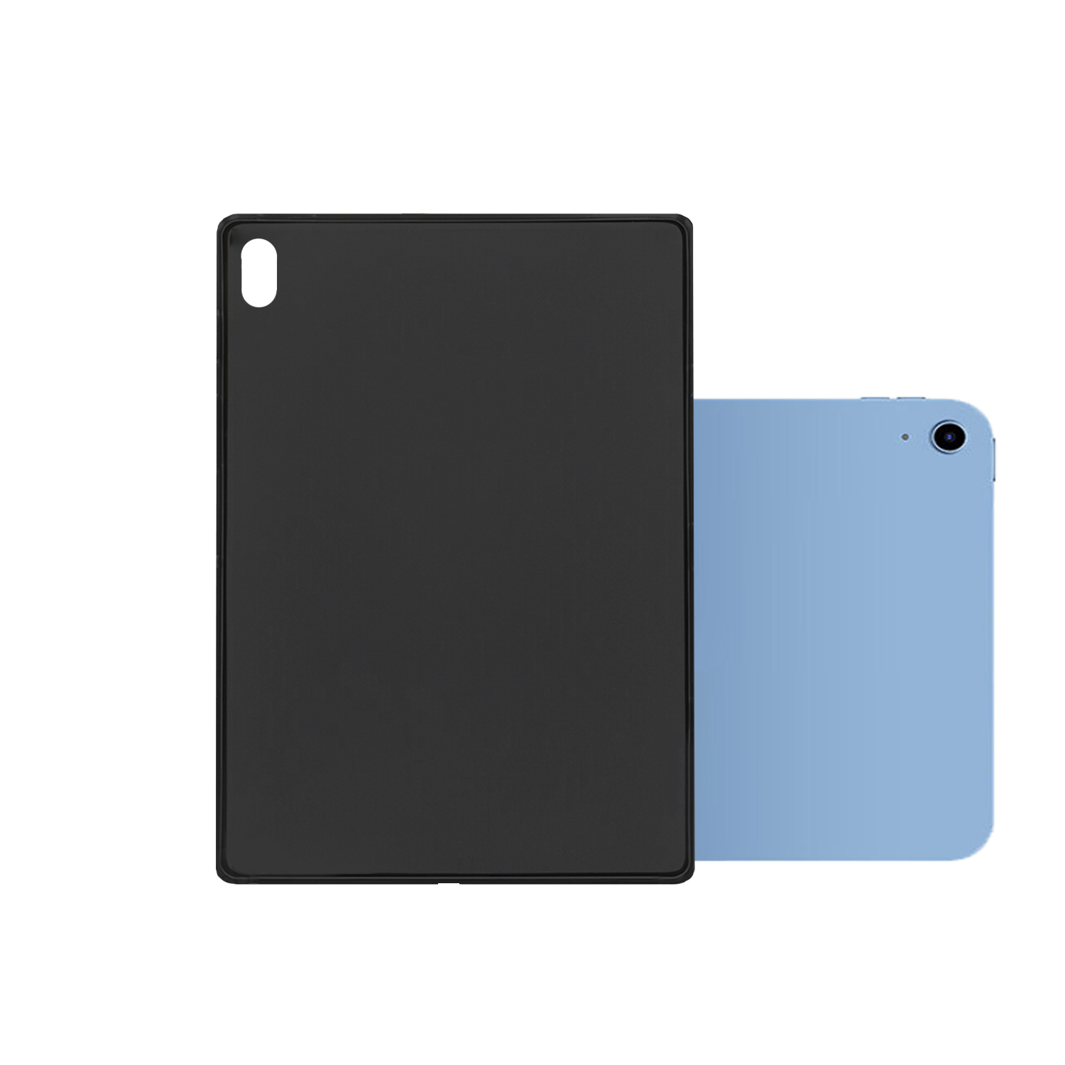 Eine schwarze Hülle und ein hellblaues Tablet. Die Hülle links, das Tablet rechts.