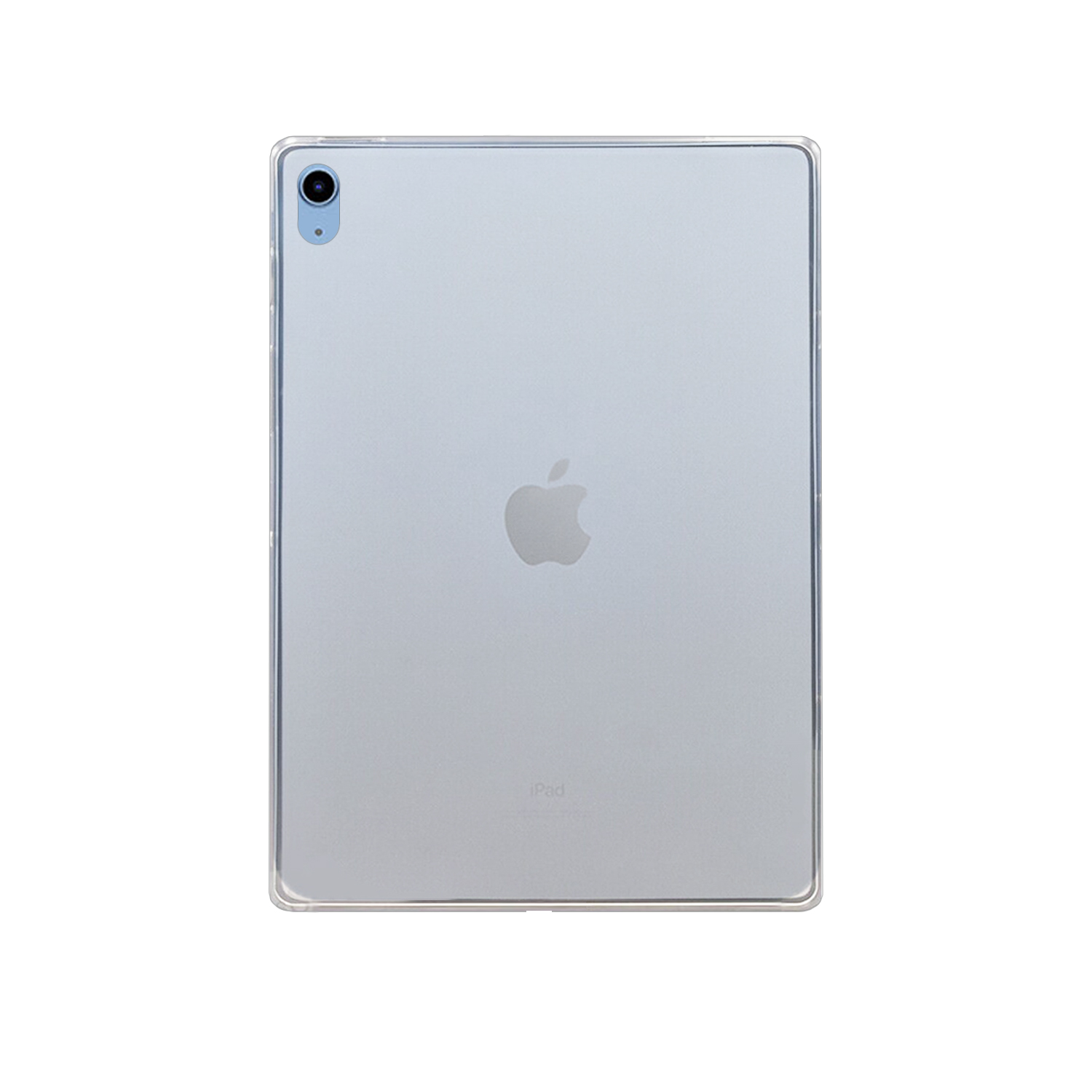 Die Rückseite eines iPads mit einer transparenten Hülle, zeigt das Apple-Logo und die Kamera.