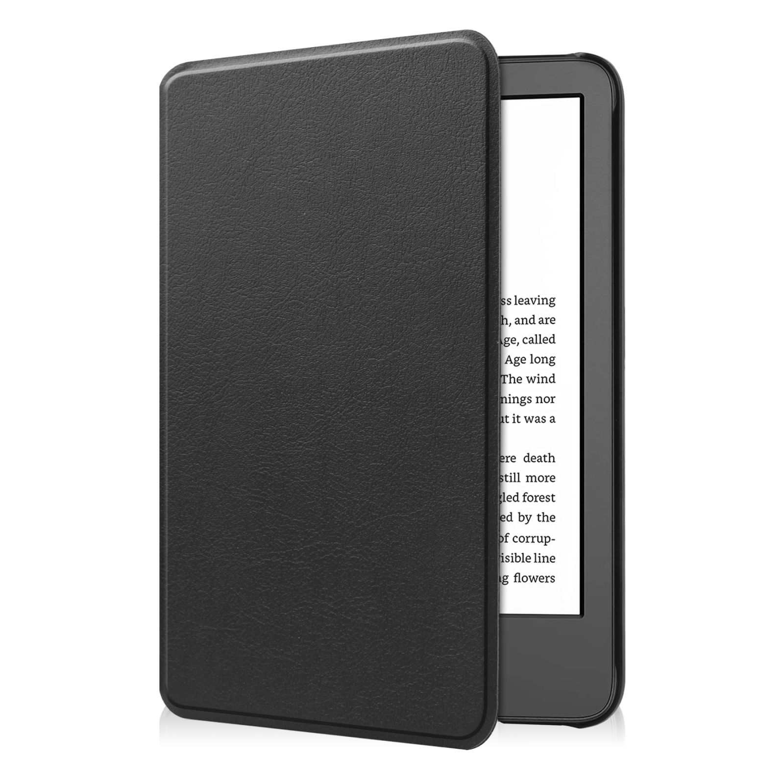 Schwarzer E-Reader mit schwarzem Cover, auf weißem Hintergrund. E-Reader mit Text.