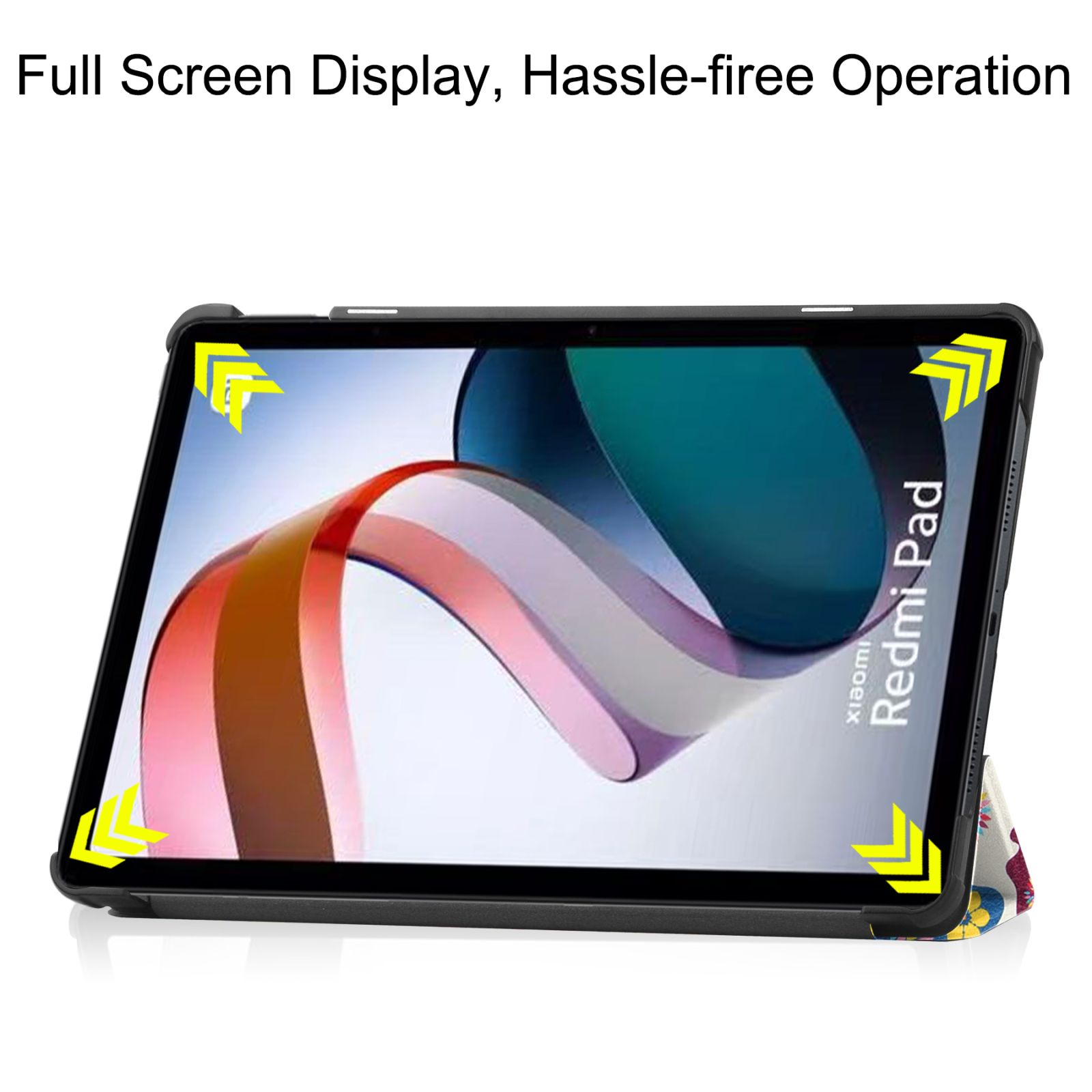 Tablet in einer Hülle. Der Bildschirm zeigt ein farbenfrohes Bild. Oben steht "Full Screen Display".