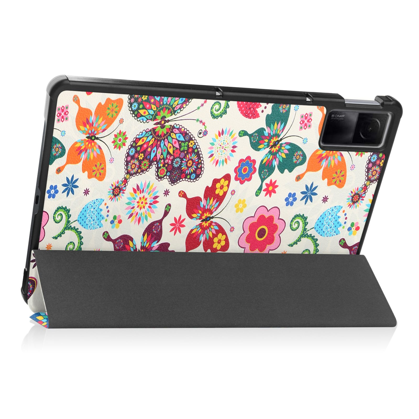 Tablet-Hülle mit Schmetterlings- und Blumendesign. Die Hülle ist geöffnet und wird zur Unterstützung verwendet.