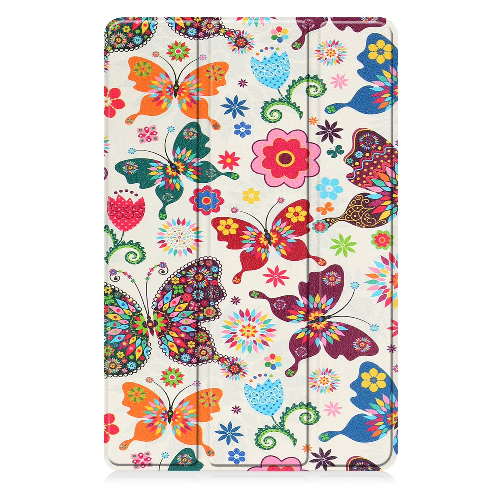 Eine Tablet-Hülle mit floralem Design mit bunten Schmetterlingen, Blumen und Blättern auf hellem Hintergrund.