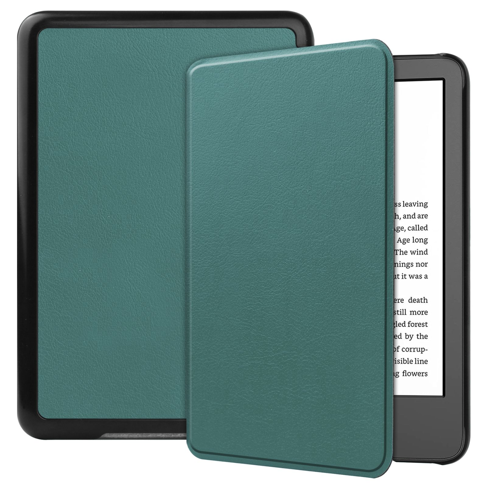 Grüne Tablethülle mit einem Tablet darin. Schwarzer Rand. Hülle ist offen.