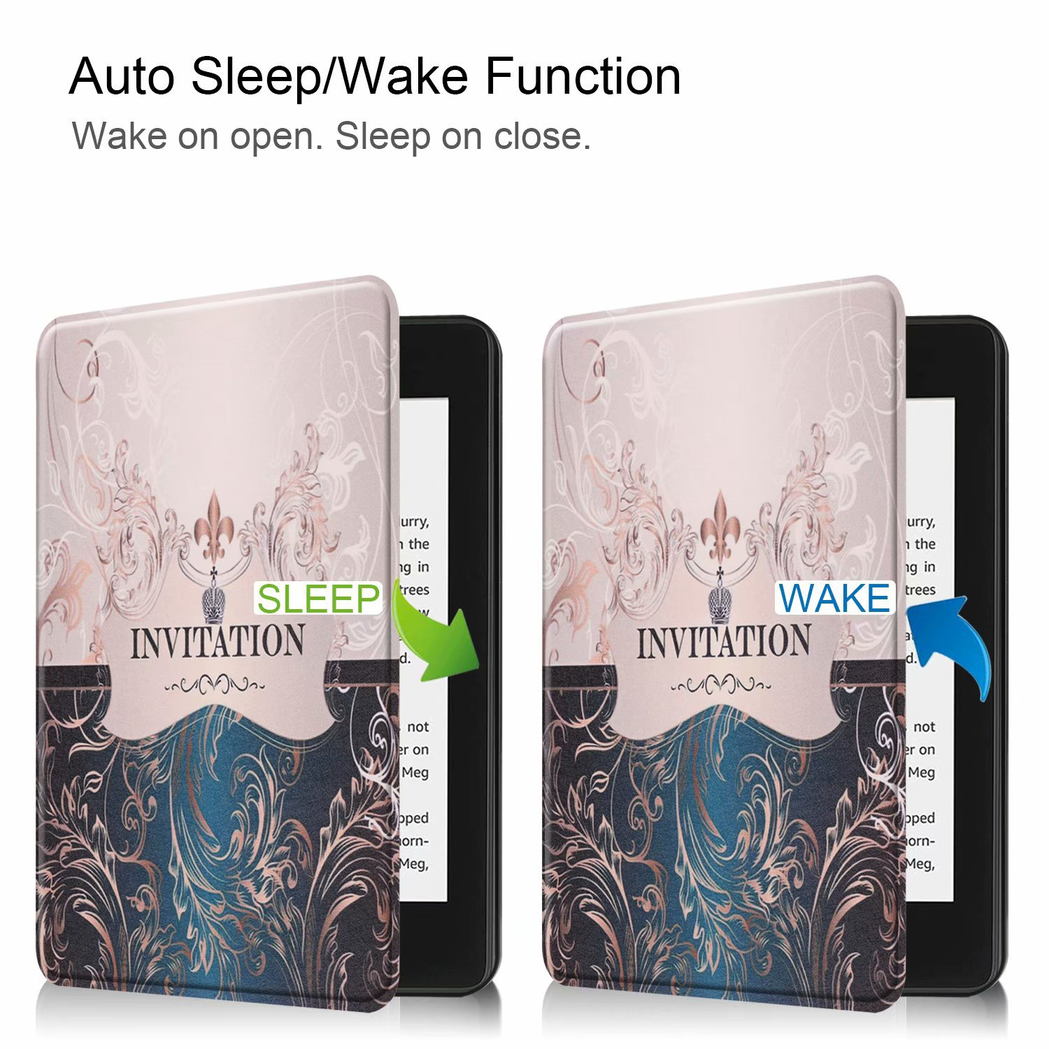 Zwei E-Reader mit geöffneten Hüllen. Einer zeigt 'SLEEP', der andere 'WAKE'.
