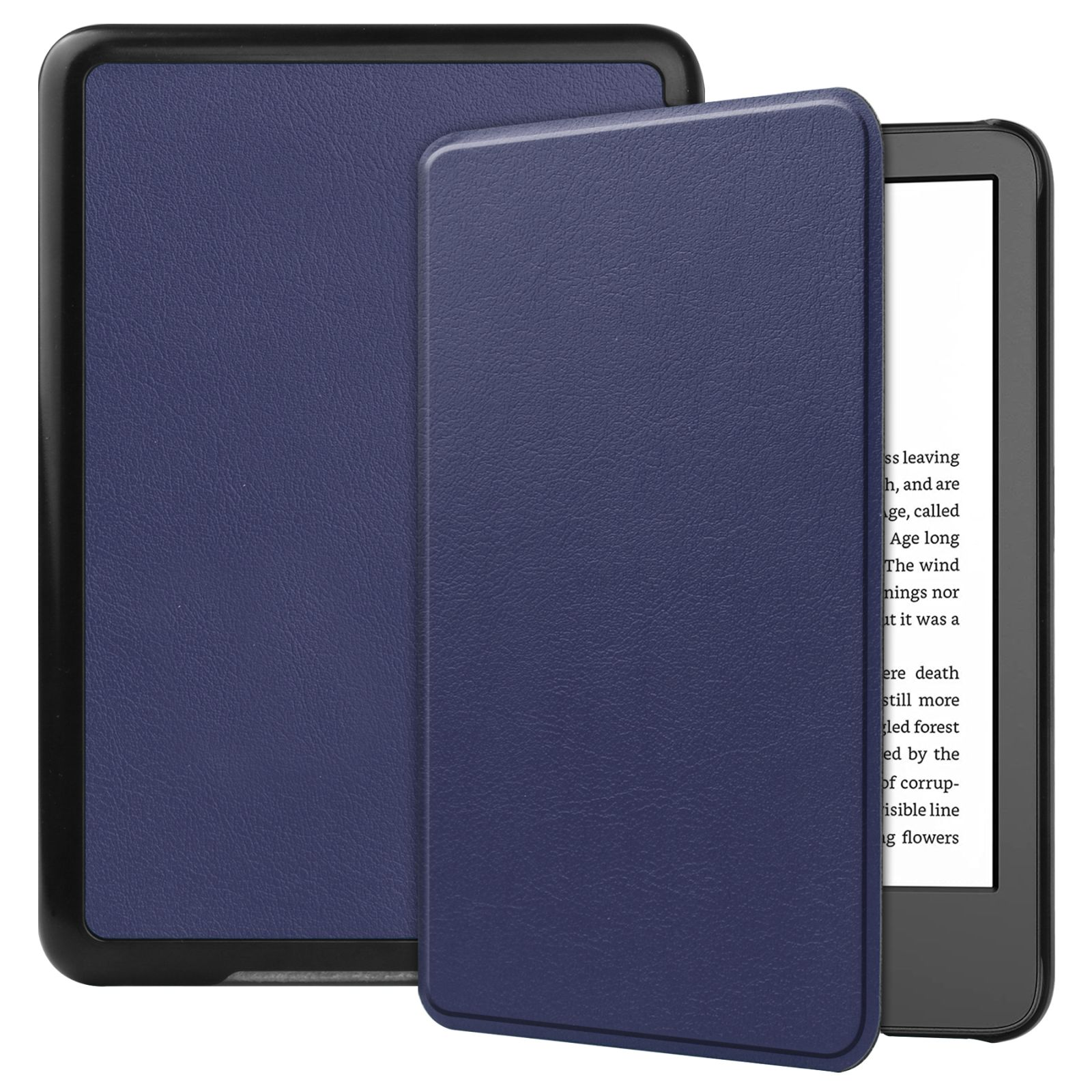 Eine dunkelblaue Kindle-Hülle. Sie ist geöffnet und zeigt das Gerät mit Text auf dem Bildschirm.
