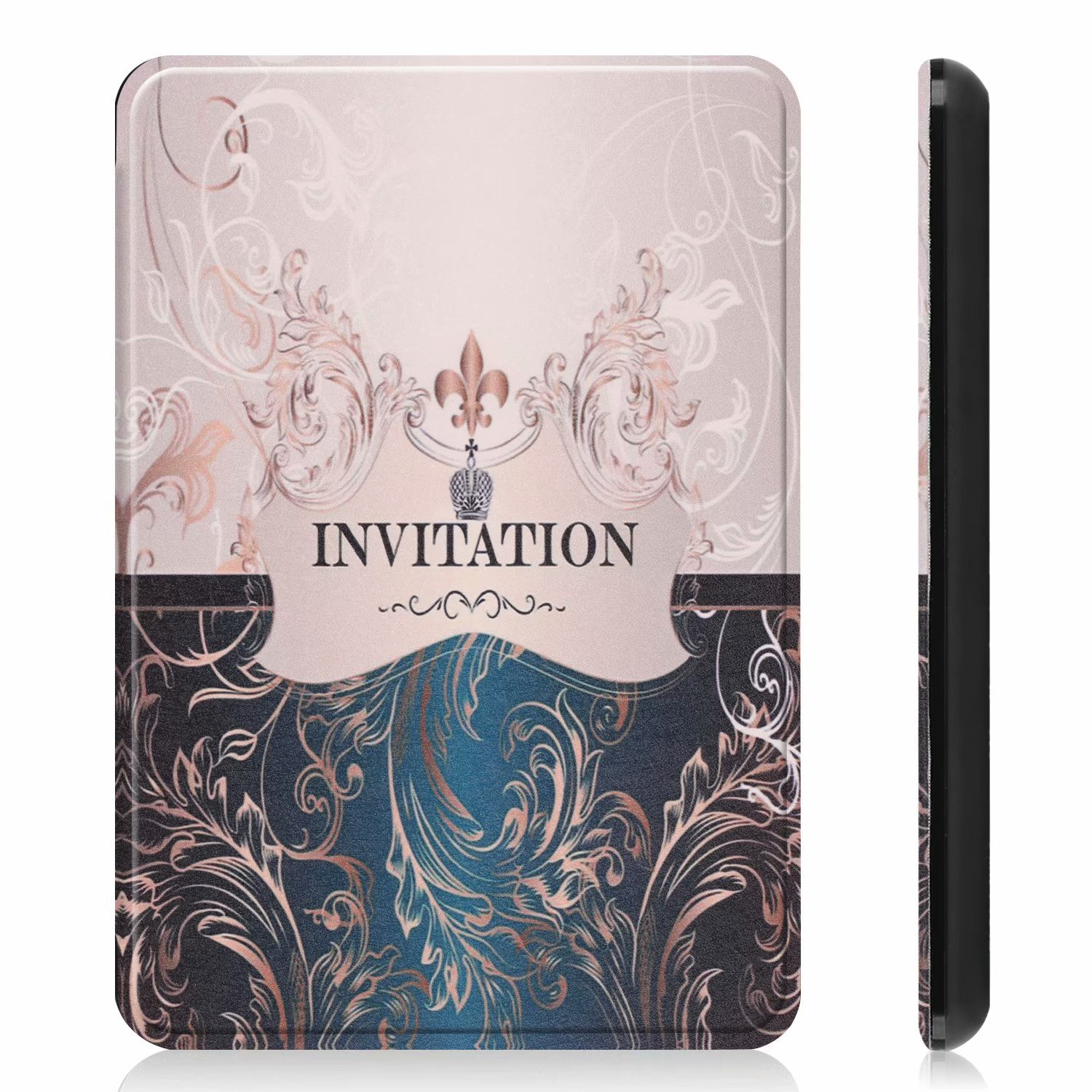 Tablet-Hülle mit floralem Design und dem Wort 'INVITATION'.
