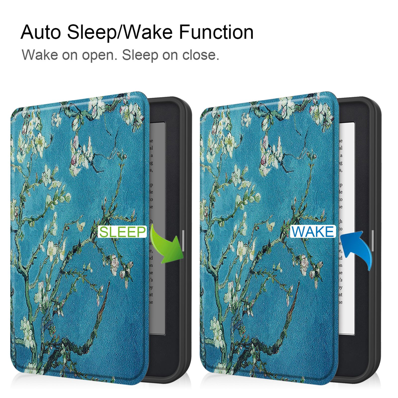 Zwei E-Reader-Hüllen, geschlossen und offen. Die Hüllen zeigen ein Gemälde im Van-Gogh-Stil.