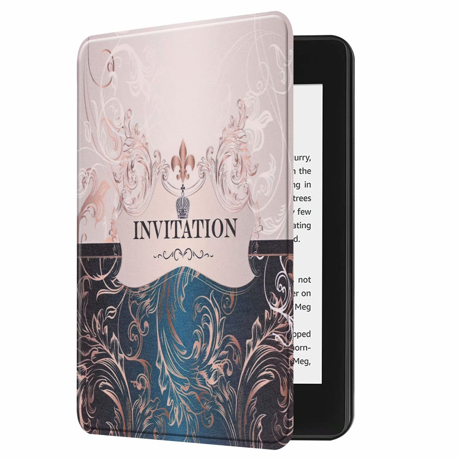 Ein Buchumschlag mit floralen und Schriftrollen-Designs und dem Wort "INVITATION" darauf.