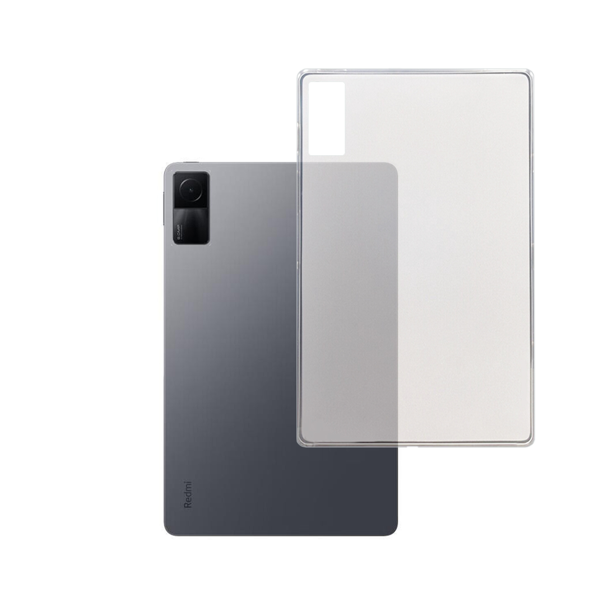 Ein Tablet und eine transparente Hülle. Das Tablet ist grau und schwarz. Die Hülle ist transparent.