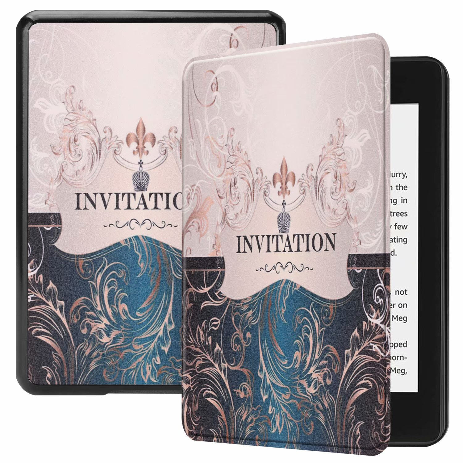 E-Reader in einer Hülle, das Cover zeigt ein Einladungsdesign mit goldener Lilie.