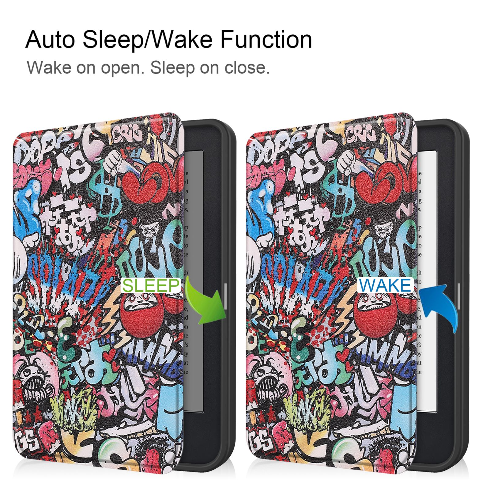 Tablet-Hülle offen, Graffiti auf dem Cover; Text: Auto Sleep/Wake Funktion.
