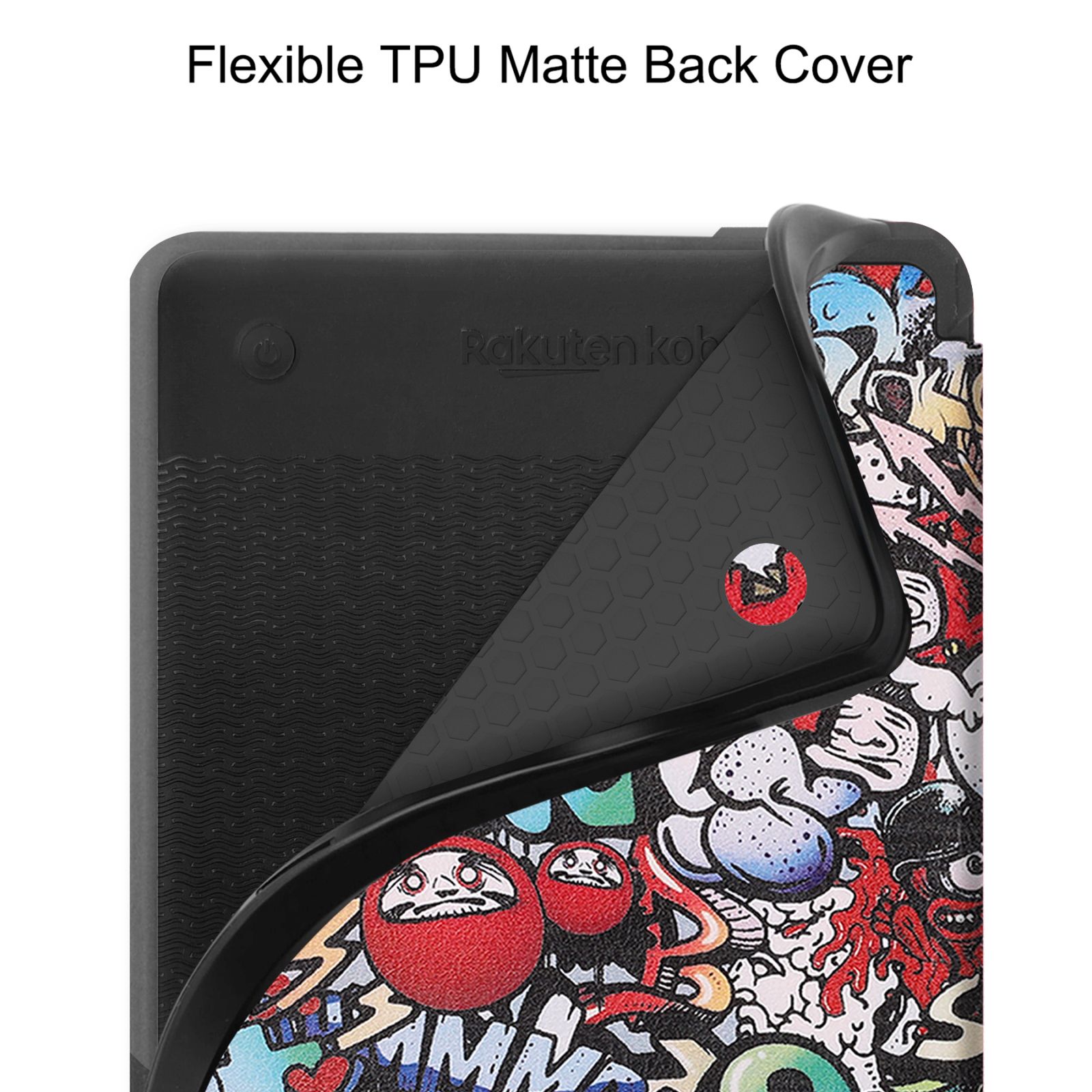 Eine Handyhülle mit Graffiti-Design. Die Innenseite zeigt eine schwarze, strukturierte Oberfläche.