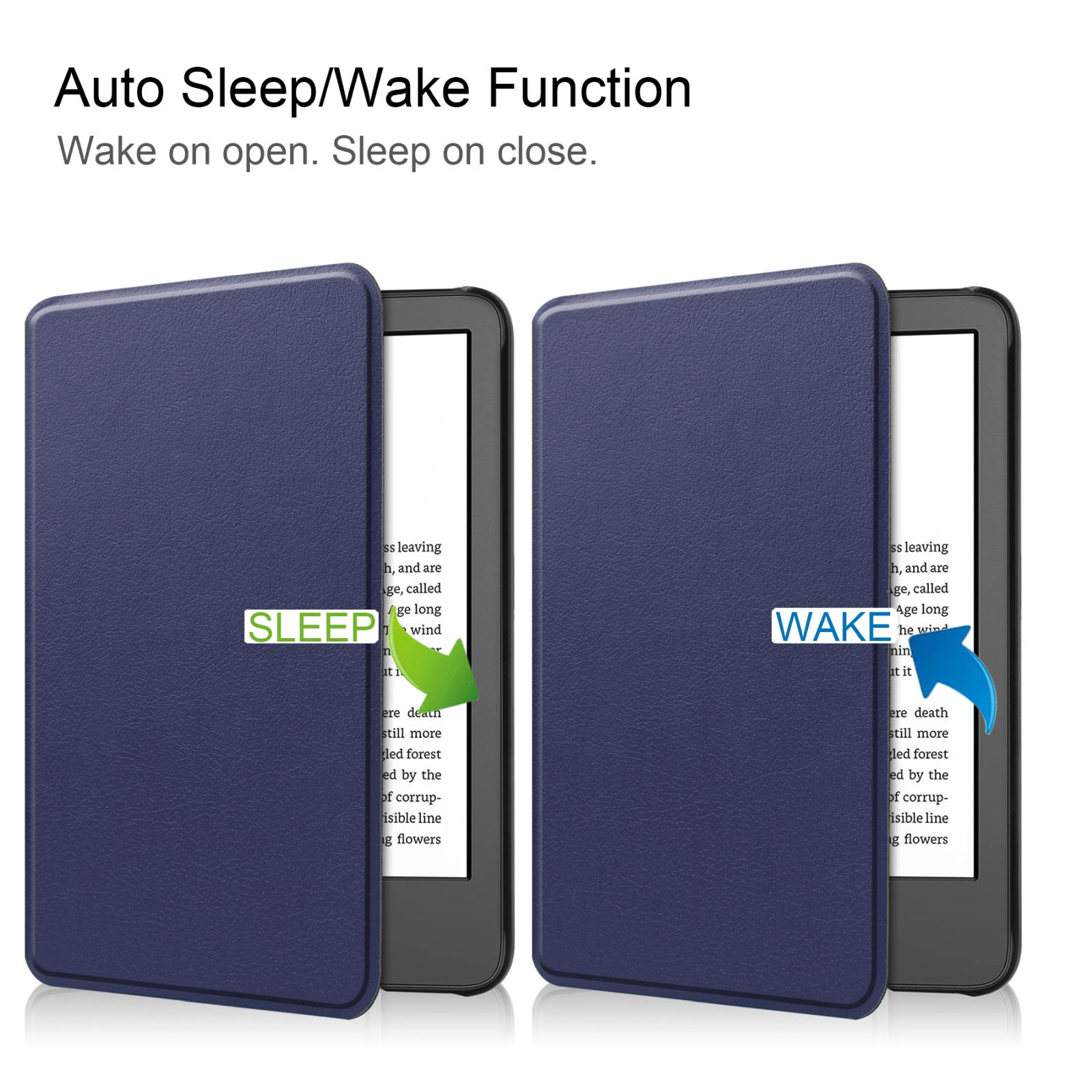 Zwei blaue E-Reader-Hüllen, offen. Links steht SLEEP, rechts WAKE. Der Bildschirm zeigt Text.