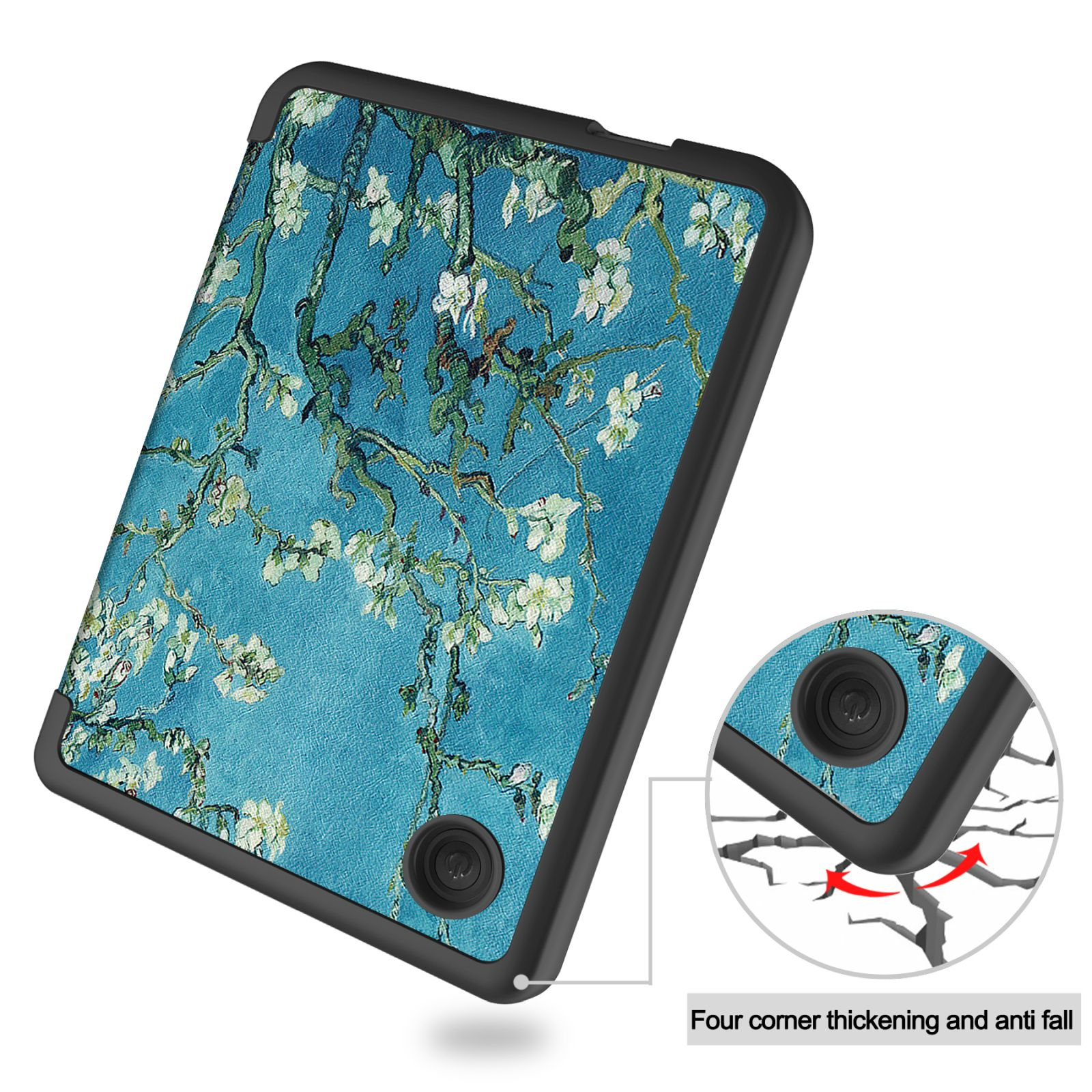 Eine Tablet-Hülle mit floralem Design, die den Bildschirm eines Tablets zeigt.