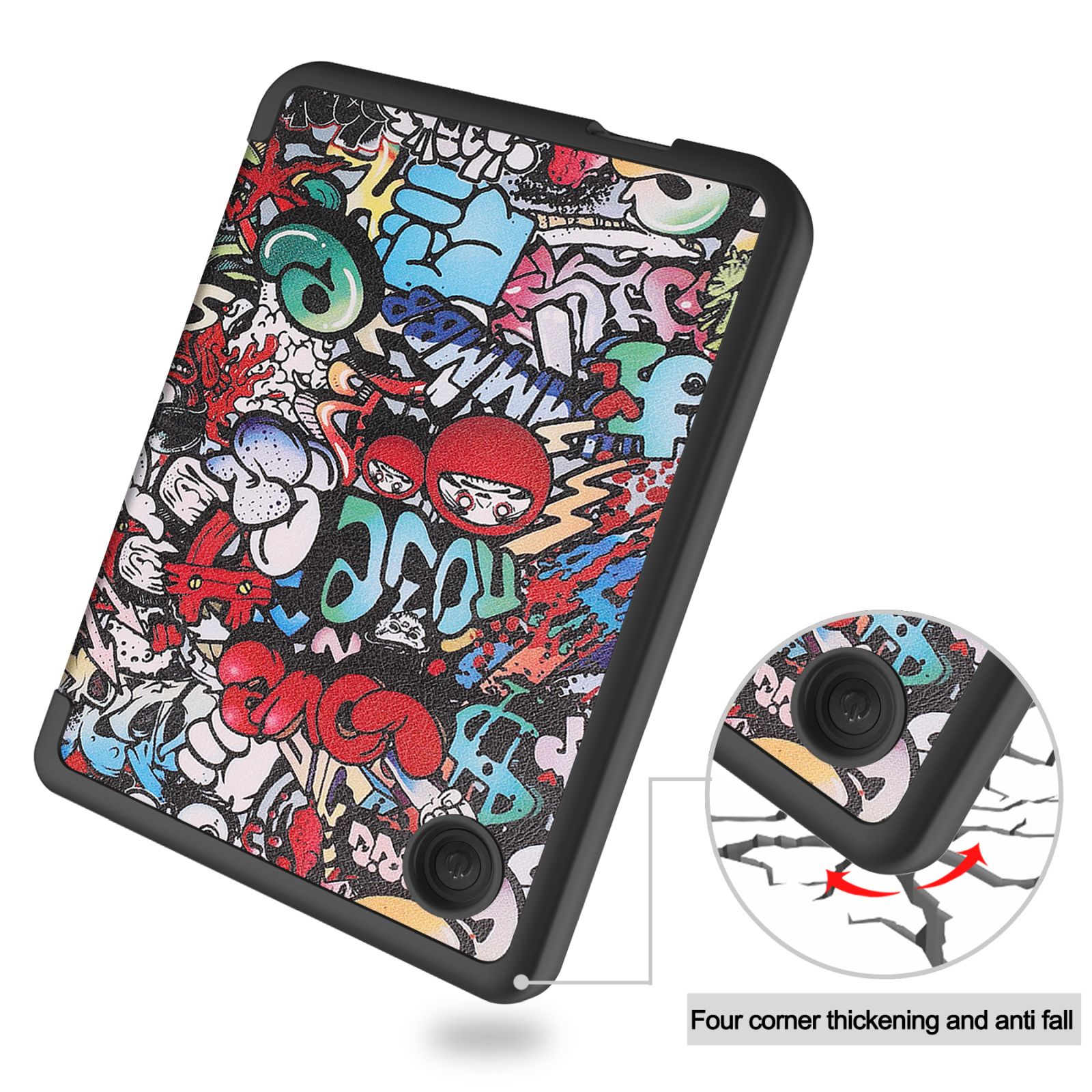 Tablet-Hülle mit farbenfroher Graffiti-Kunst. Schwarzer Rand, zwei Kameralöcher, Text unten.