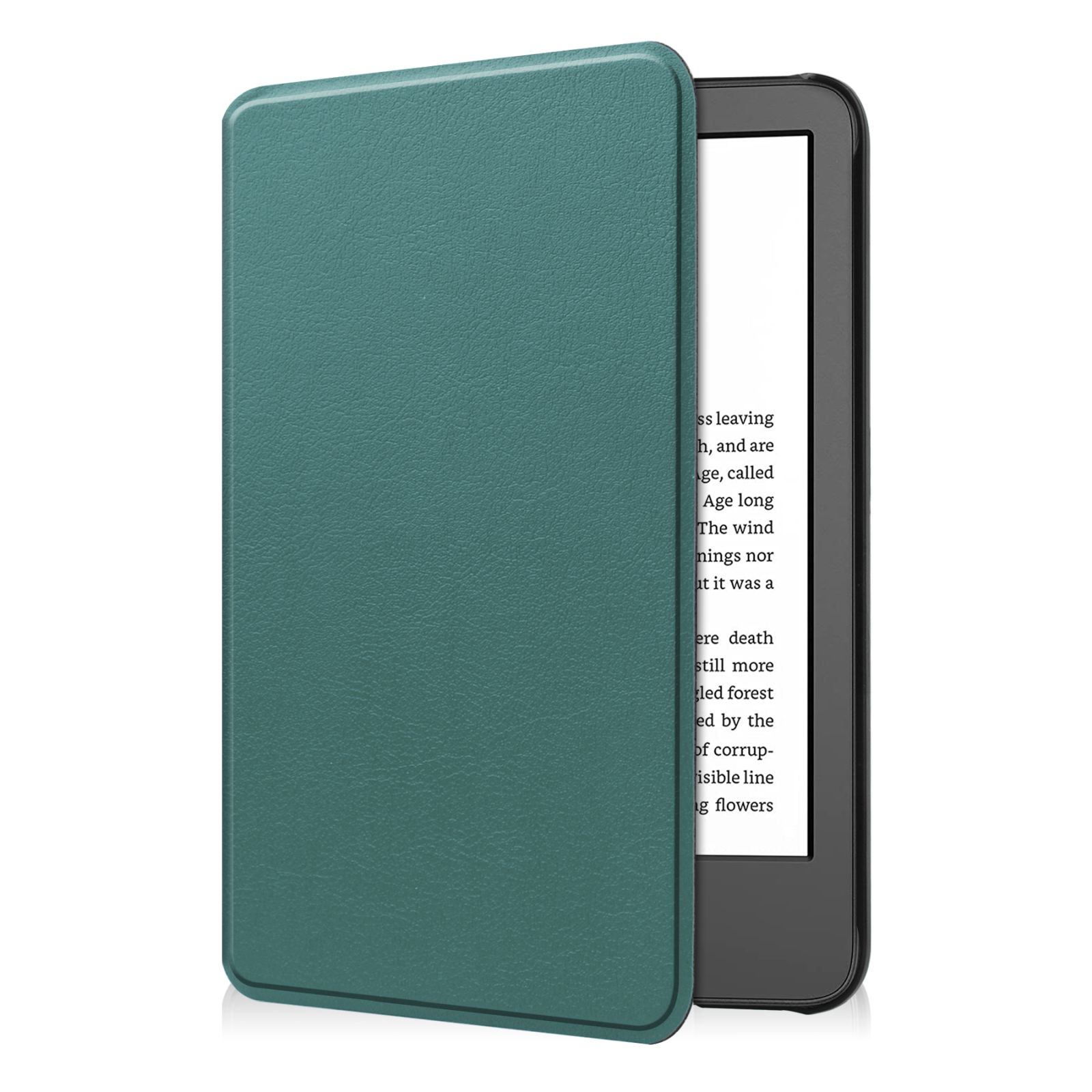 Eine grüne Leder-E-Book-Reader-Hülle, geöffnet, um das Gerät mit Text auf dem Bildschirm zu zeigen.