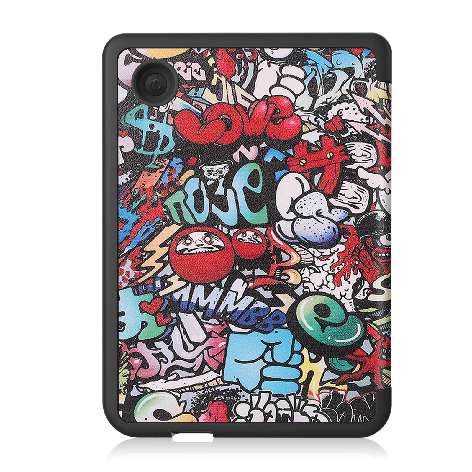 Tablethülle mit Graffiti-Kunst. Die Hülle hat ein Bild von farbenfrohen Graffiti. Die Tablethülle ist offen.