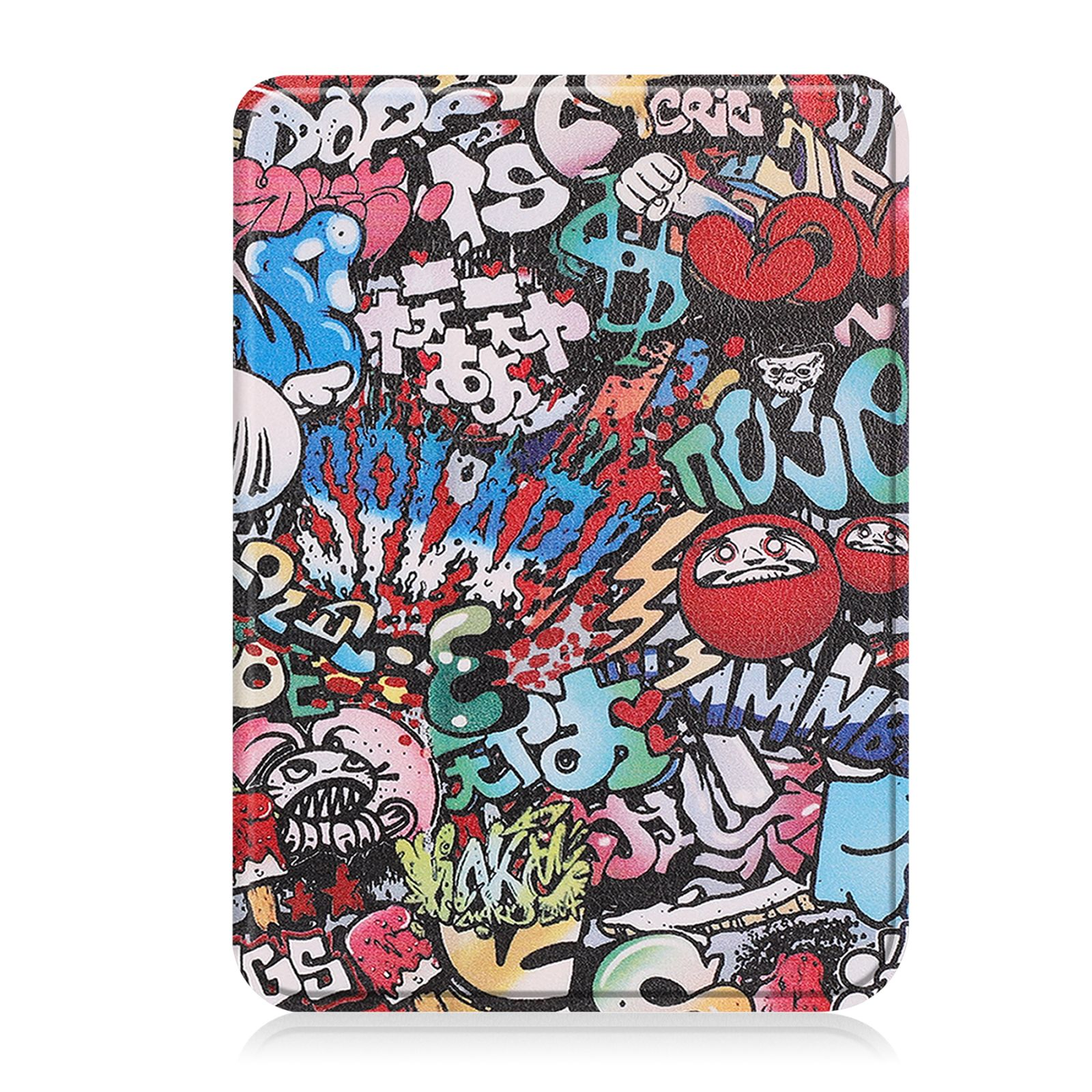 Tablet-Hülle mit Graffiti-Kunst. Bunte Tags und Zeichnungen bedecken die Oberfläche.