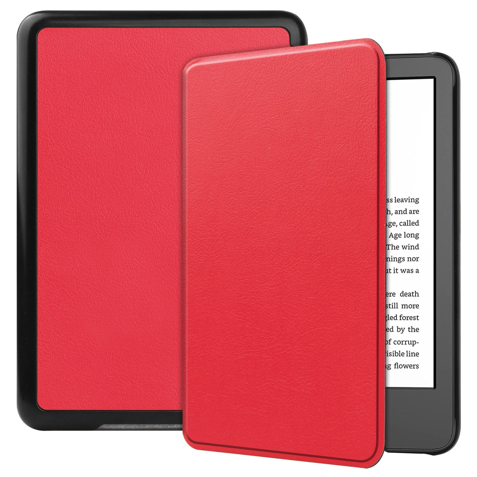 Kindle eBook-Reader mit rotem Cover. Das Cover ist geöffnet.