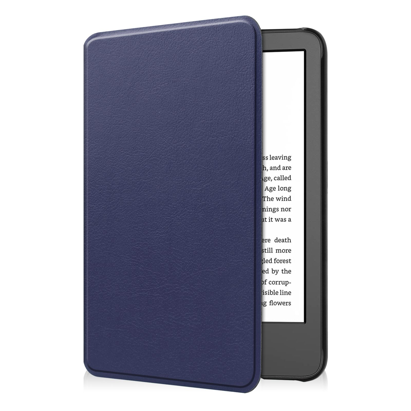 Blaue Leder-E-Reader-Hülle, geöffnet, um den E-Reader mit Text auf dem Bildschirm zu zeigen.