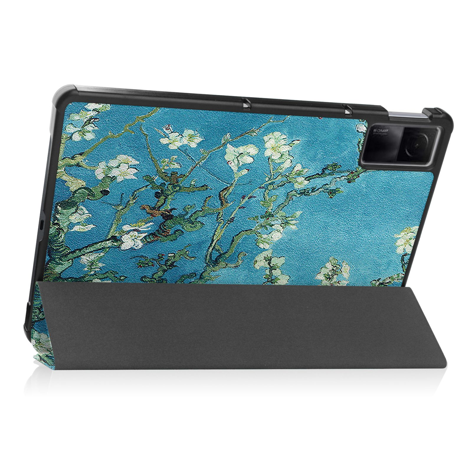Tablethülle mit Van Gogh-Gemälde. Tablet und Cover im Ständer gezeigt.