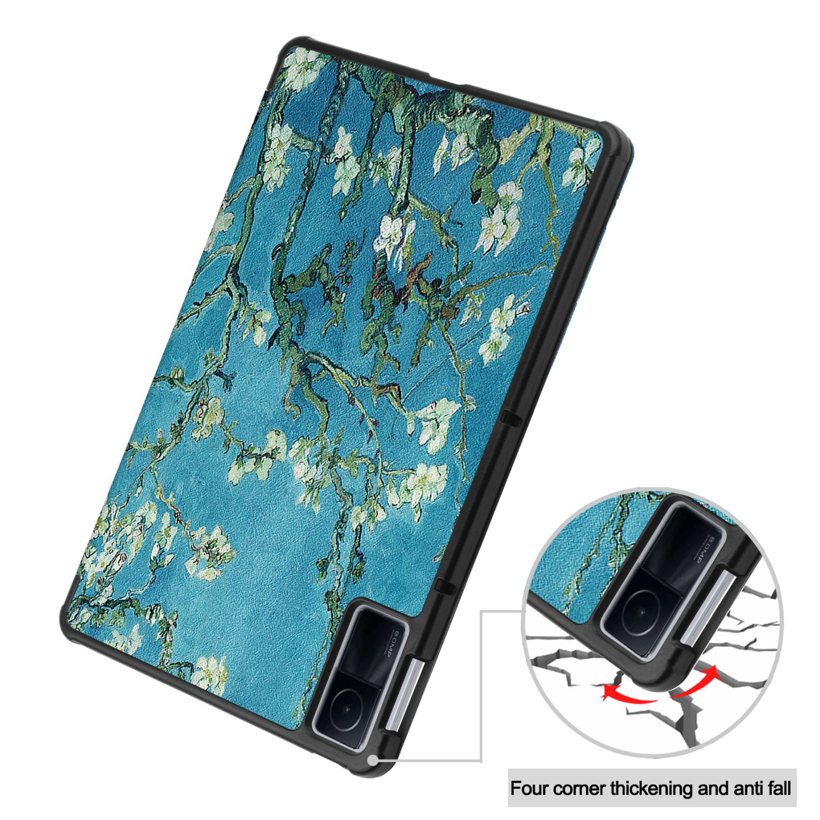 Eine Tablethülle mit floralem Design, Eckdetail mit Fallschutz-Etikett.