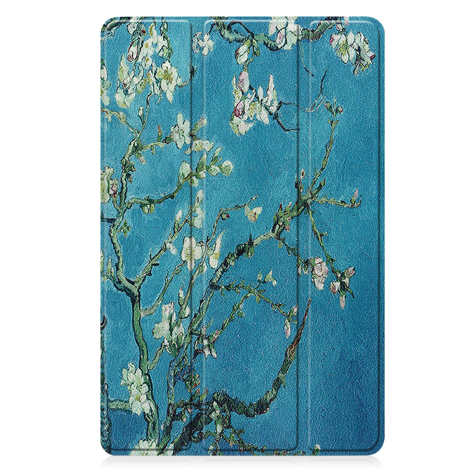Eine Tablet-Hülle mit Blumenmalerei. Der Hintergrund ist blau, die Blumen weiß.