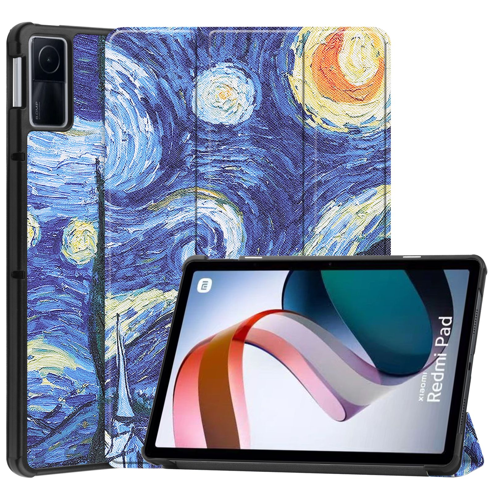 Ein Tablet in einer Hülle mit Sternennacht-Design und einem Bildschirm mit Kunst.