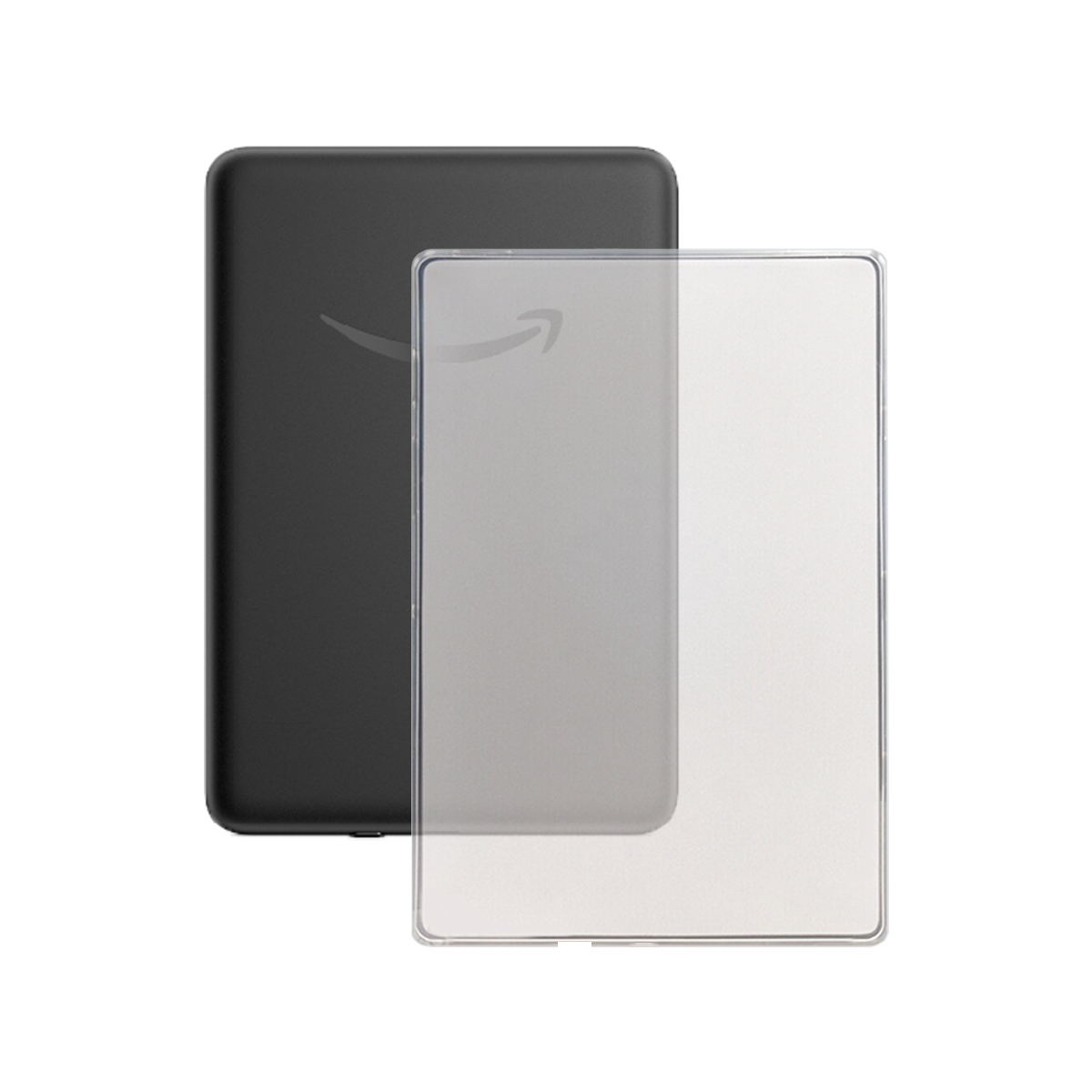 Eine schwarze Hülle und eine transparente Tablet-Displayschutzfolie. Das Amazon-Logo ist auf der Hülle.
