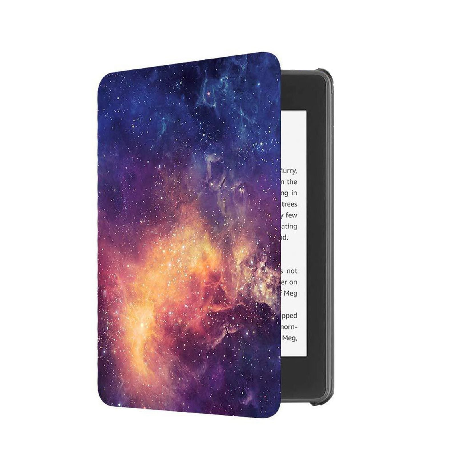 E-Reader-Hülle mit Weltraum-Design. Geöffnet, um den E-Reader zu zeigen. Der Bezug hat ein Sternenmuster.