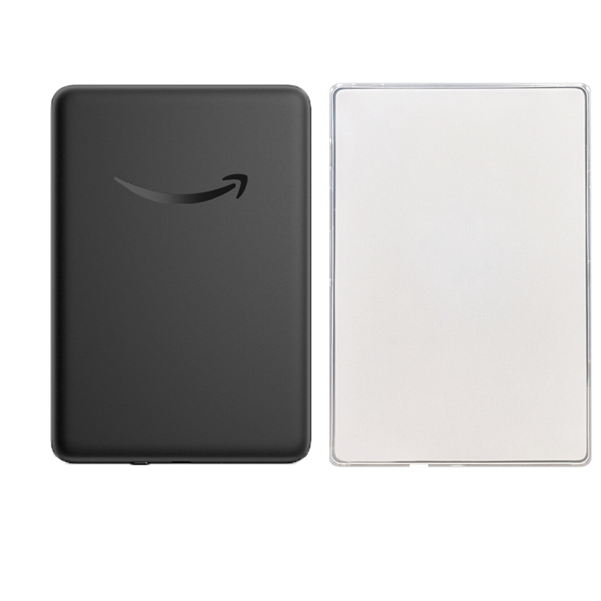 Zwei Hüllen für ein Tablet. Eine schwarze mit Amazon-Logo, die andere eine transparente Hülle.
