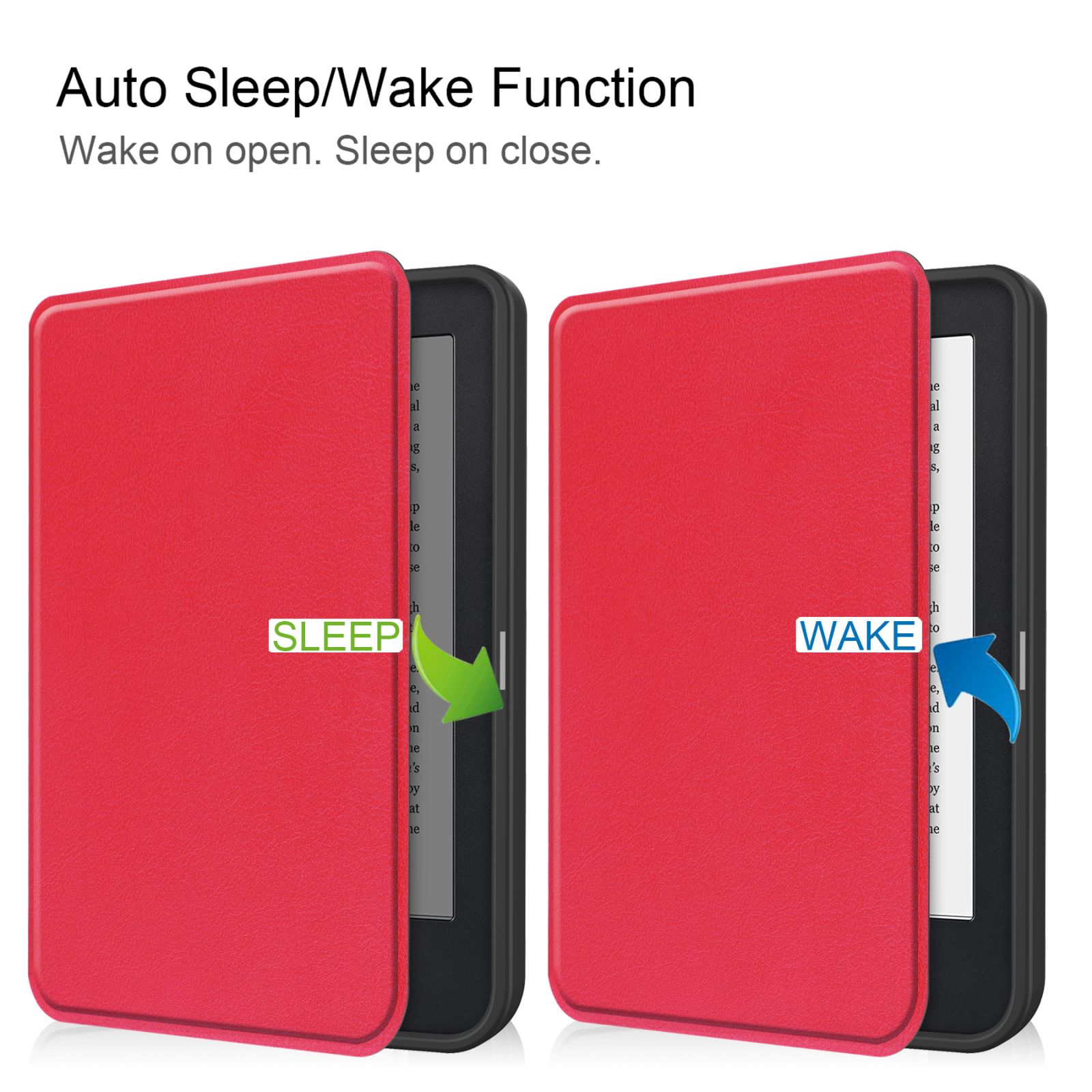 E-Reader mit rotem Cover offen, zeigt den Bildschirm. Text lautet 'Sleep' und 'Wake'.