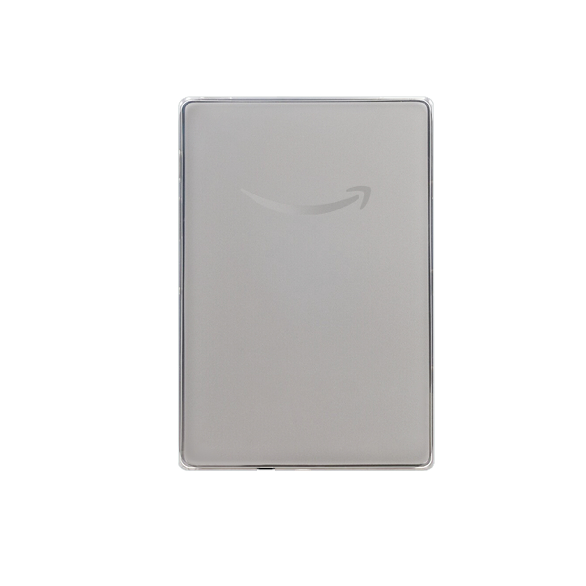 Ein Tablet, Rückseite, mit transparenter Hülle, zeigt Amazon-Logo.