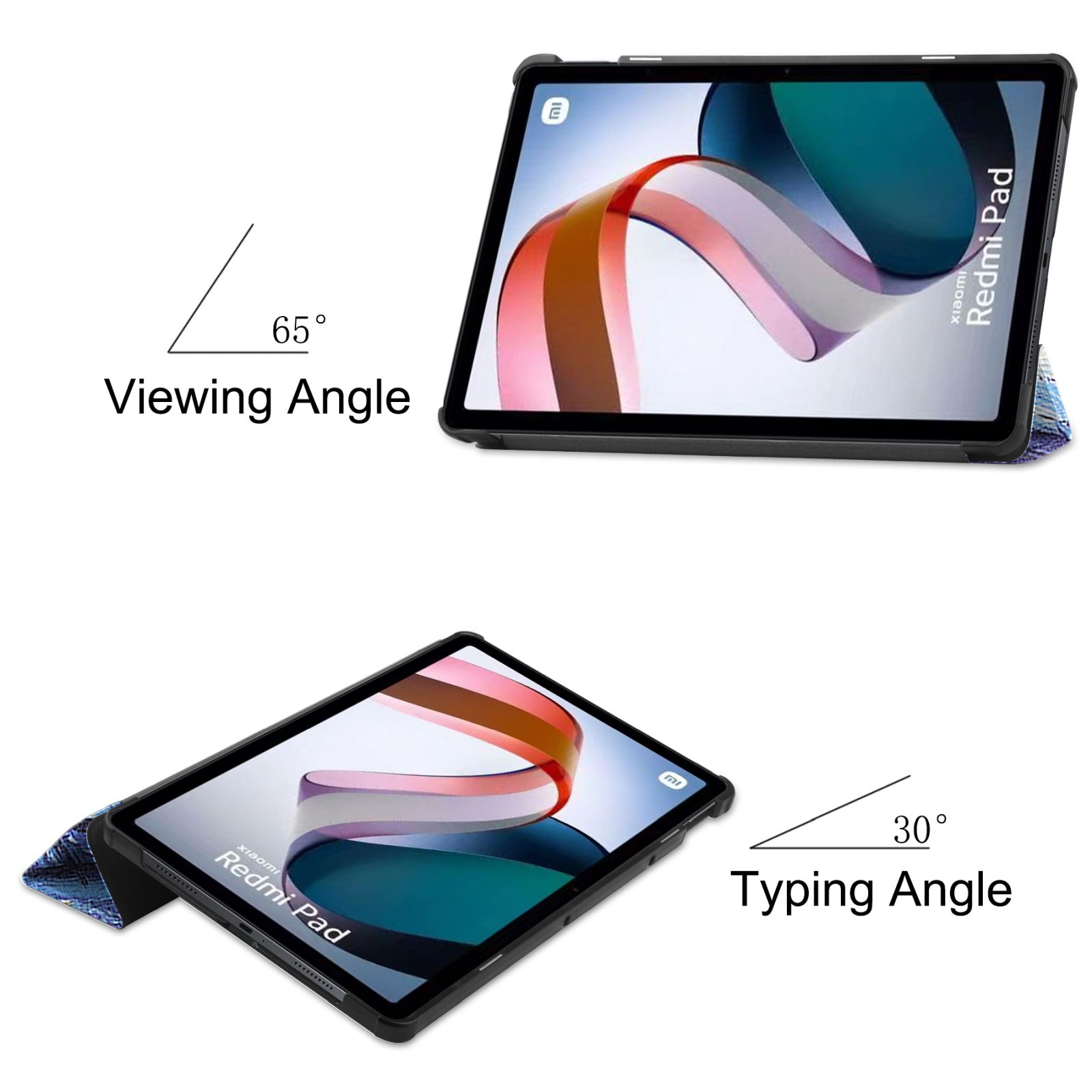 Tablet im Case im 65-Grad-Winkel zum Betrachten und 30-Grad-Winkel zum Tippen. Xiaomi Redmi Pad.