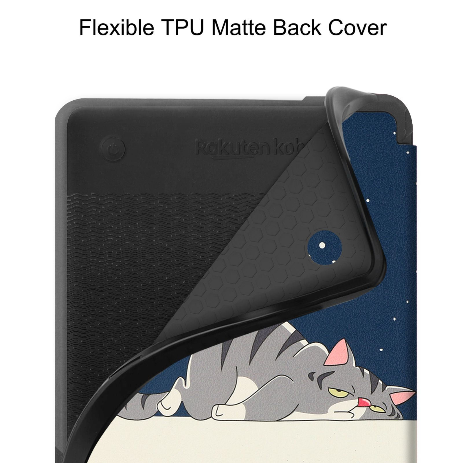 Eine Handyhülle mit Katzendesign, zeigt die Rückseite des Telefons mit der Marke 'Rakuten kobo'.