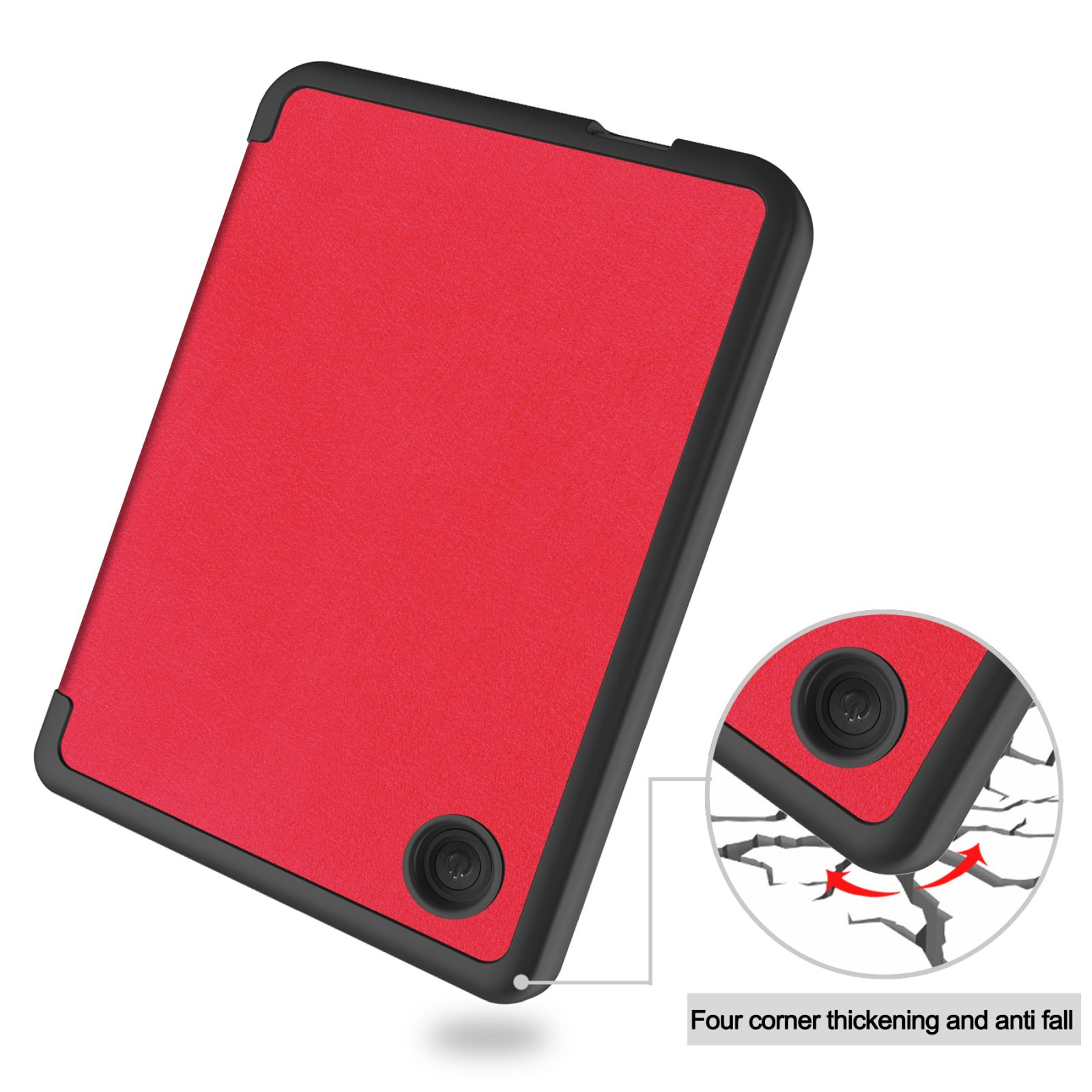 Rote Tablet-Hülle mit schwarzen Kanten, das Tablet ist darin. Die Kanten haben einen Eckenschutz.