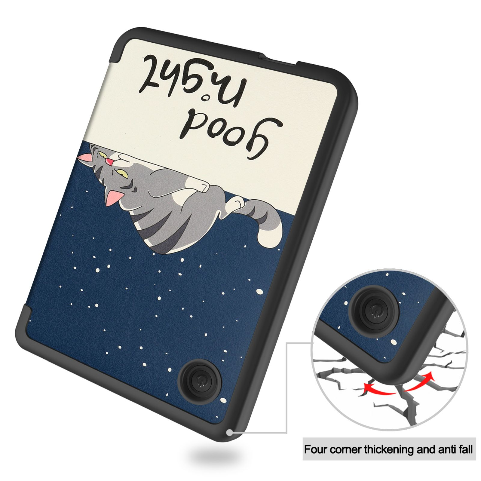 Tablet-Hülle mit Katze. Text: Gute Nacht. Blauer Sternenhimmel-Hintergrund.