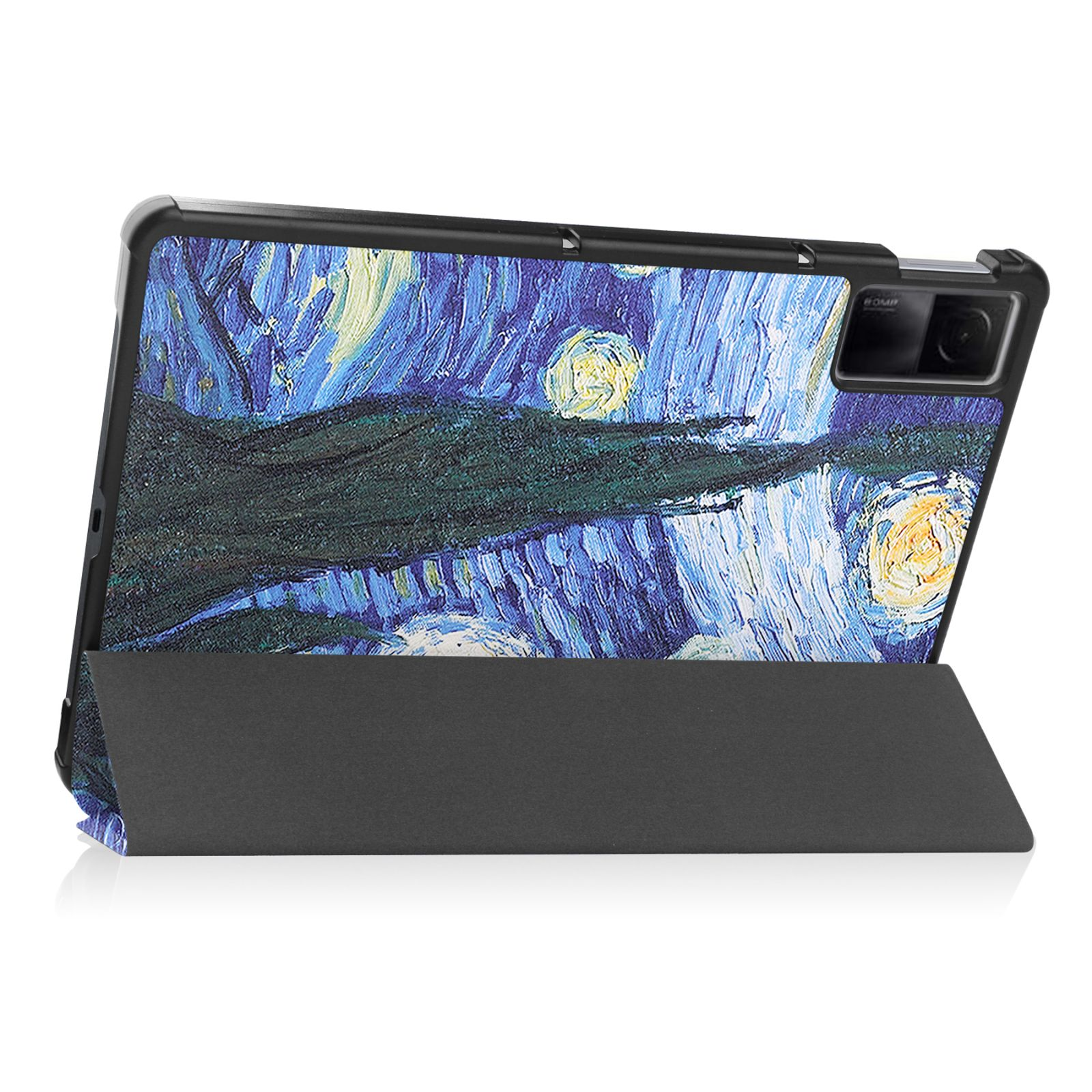 Tablet mit Sternennacht-Design auf dem Cover, auf einem Ständer aufgestellt.