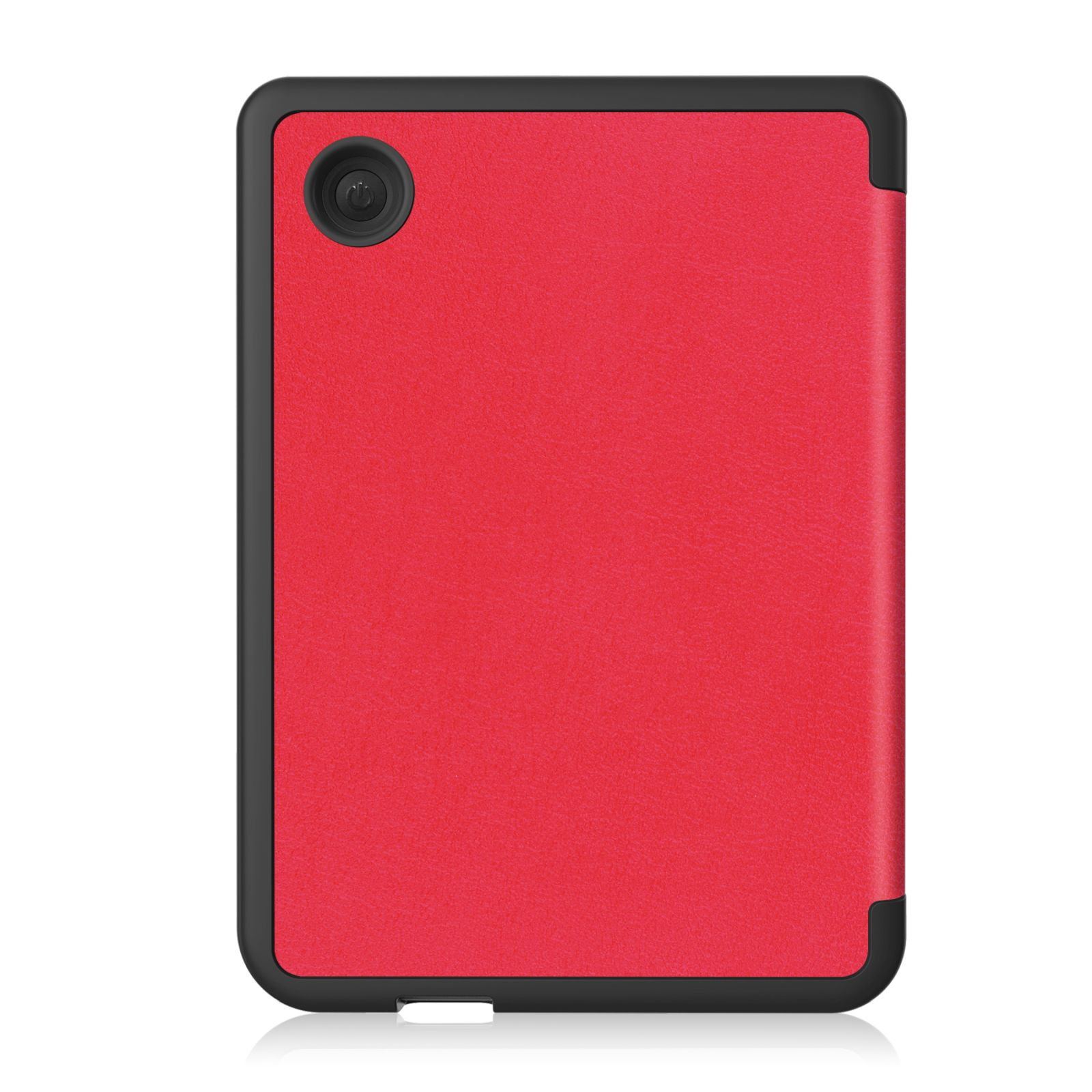 Rotes Tablet mit schwarzem Rahmen. Kameraobjektiv oben. Schwarzer Rand um die Kanten.