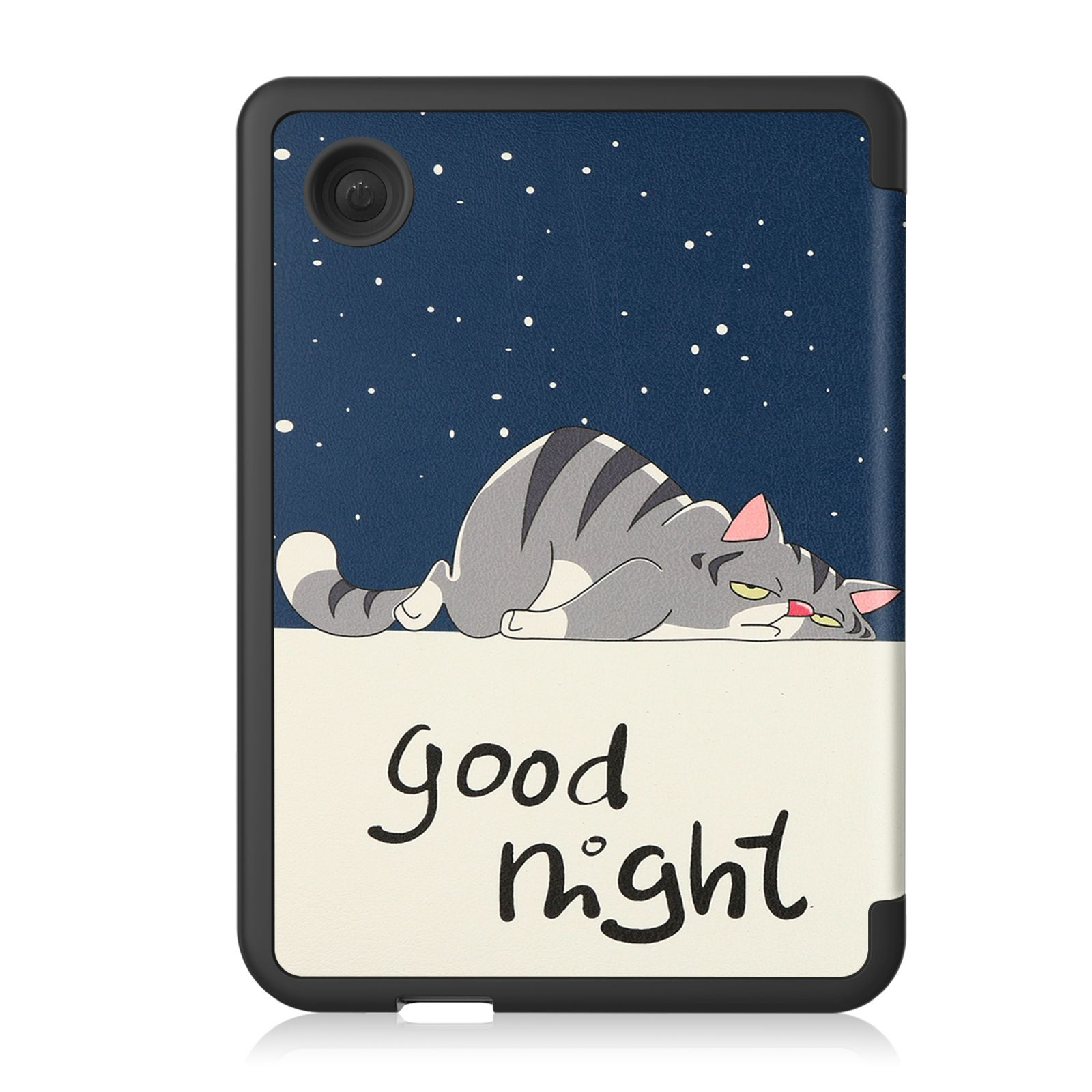 Tablet-Hülle mit Cartoon-Katze vor sternenklarem Hintergrund. Text: Gute Nacht.