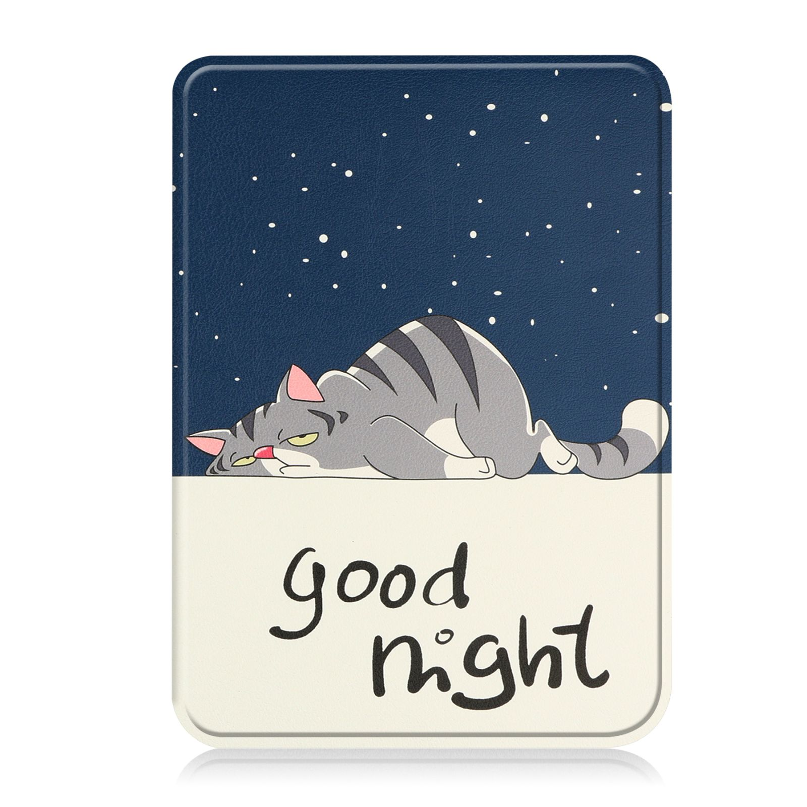 Eine Tablet-Hülle mit einer Katze darauf. Die Hülle ist oben blau und hat eine liegende Katze. Die Worte 'gute Nacht'.