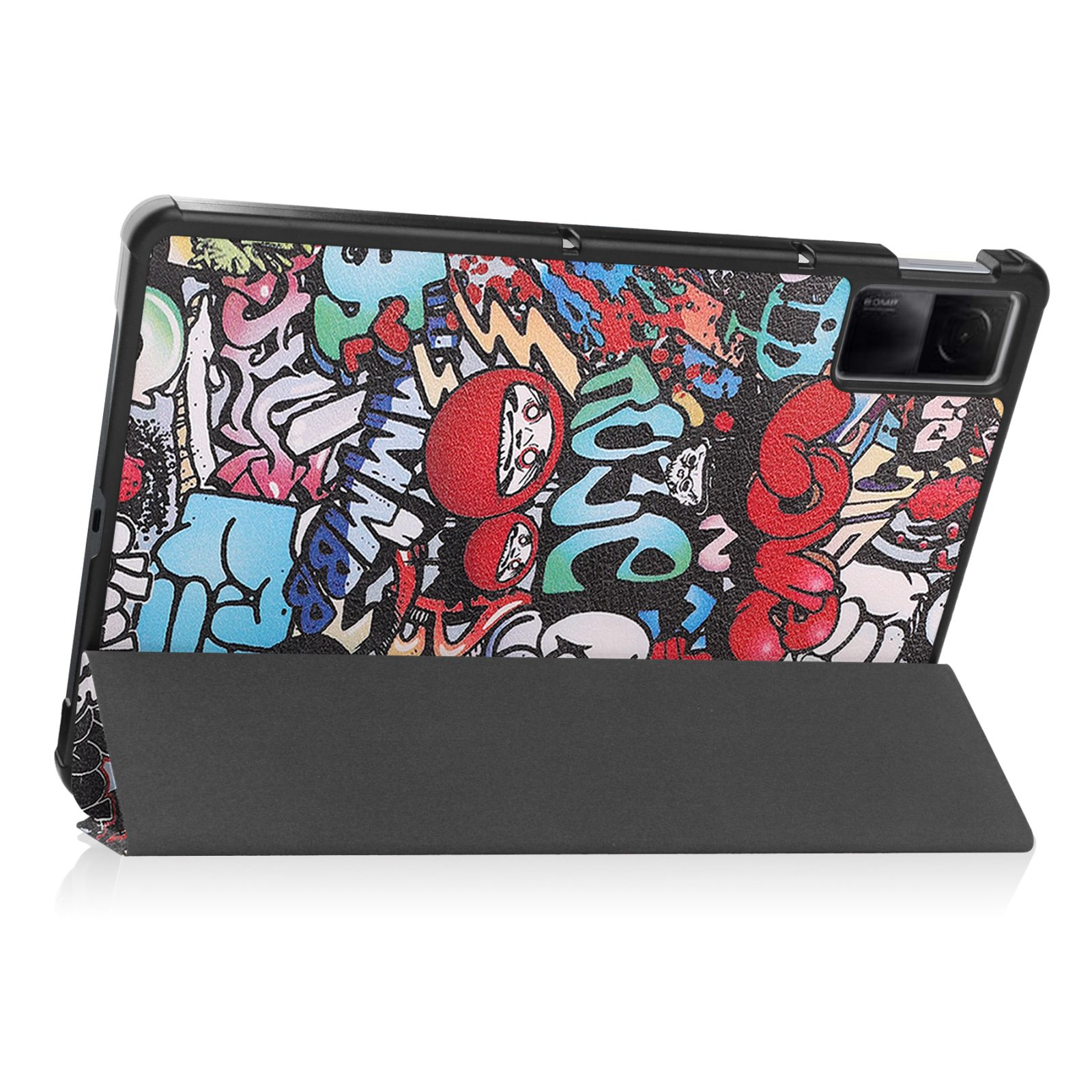 Tablet-Hülle mit Graffiti-Design. Die Hülle ist geöffnet. Die Hülle hat eine schwarze Abdeckung und einen Graffiti-Rücken.