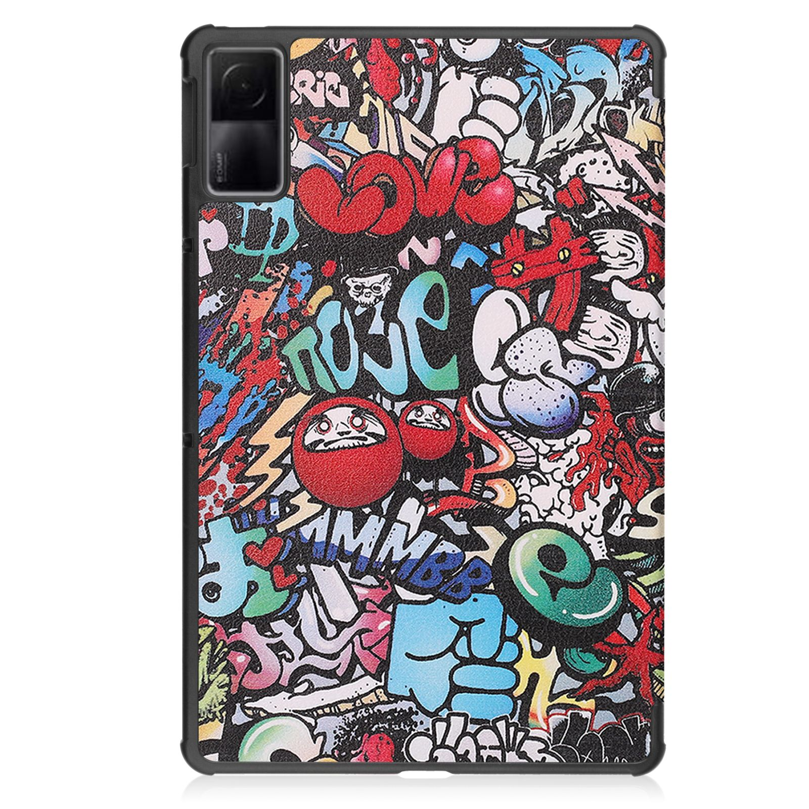 Tablet in bunter Hülle mit Graffiti. Die Hülle hat einen Kameraausschnitt. Der Hintergrund ist weiß.