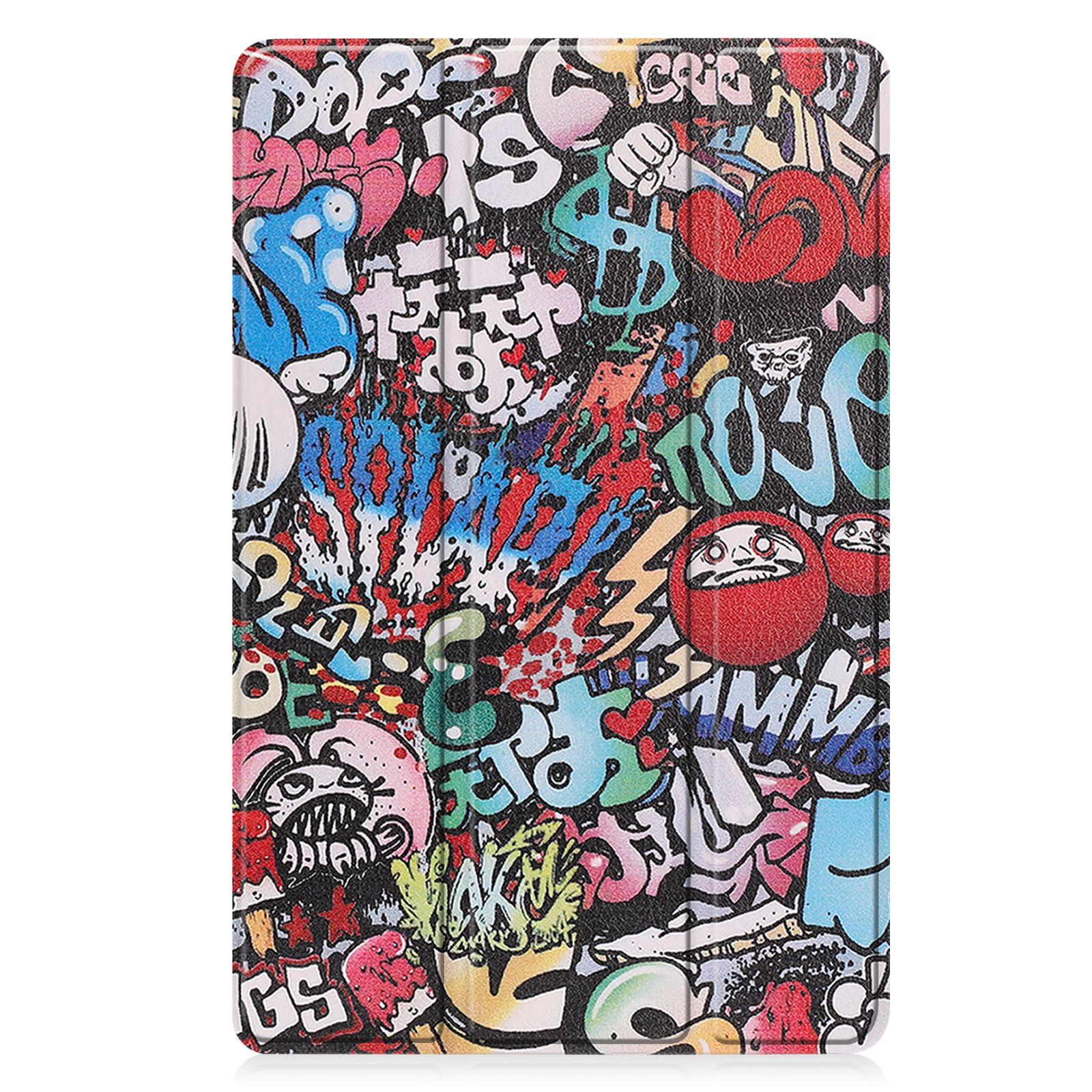 Tablethülle mit Graffiti-Design mit farbenfrohem Text und Kunst auf weißem Hintergrund.