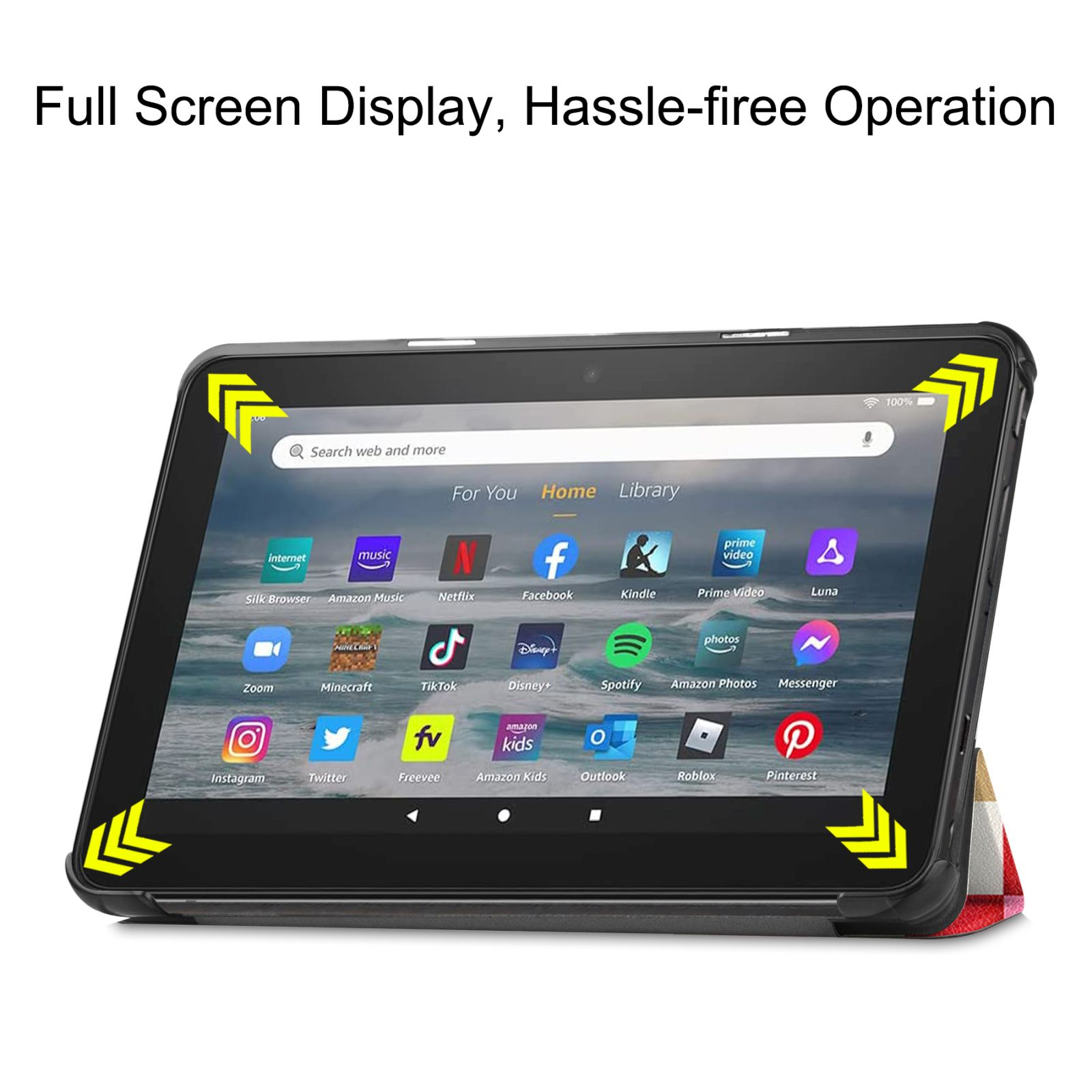 Tablet in schwarzer Hülle mit Bildschirm, der Apps zeigt. Es wird vom Cover aufgestellt.