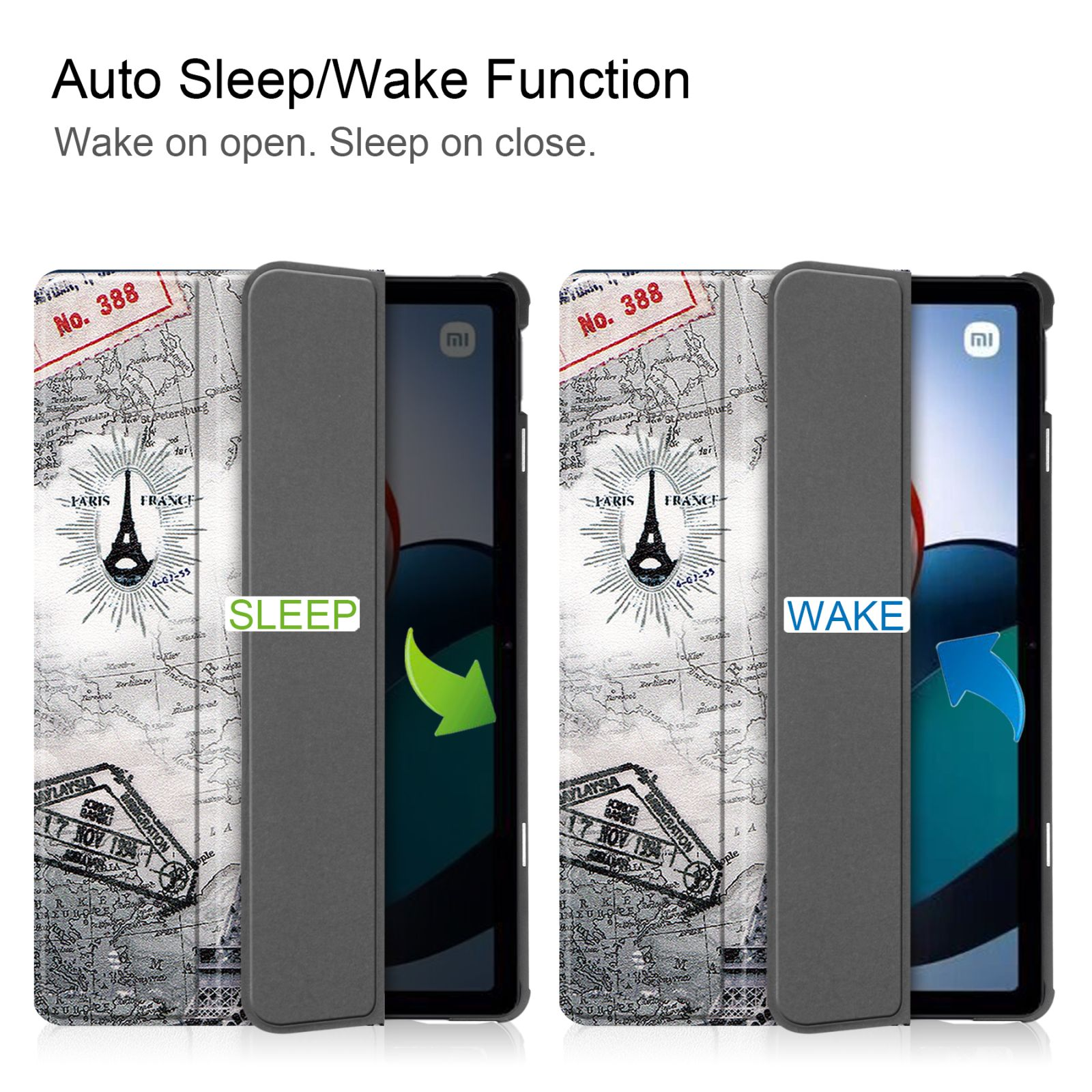 Tablet-Hülle geöffnet, mit Text 'SLEEP' und 'WAKE'.