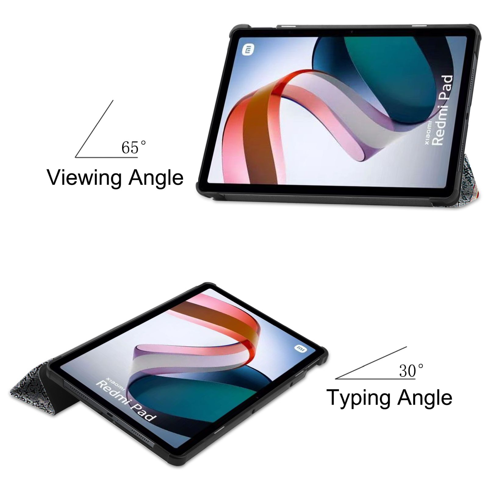 Tablet in einem Case, mit 65° Blickwinkel und 30° Tippwinkel angezeigt.