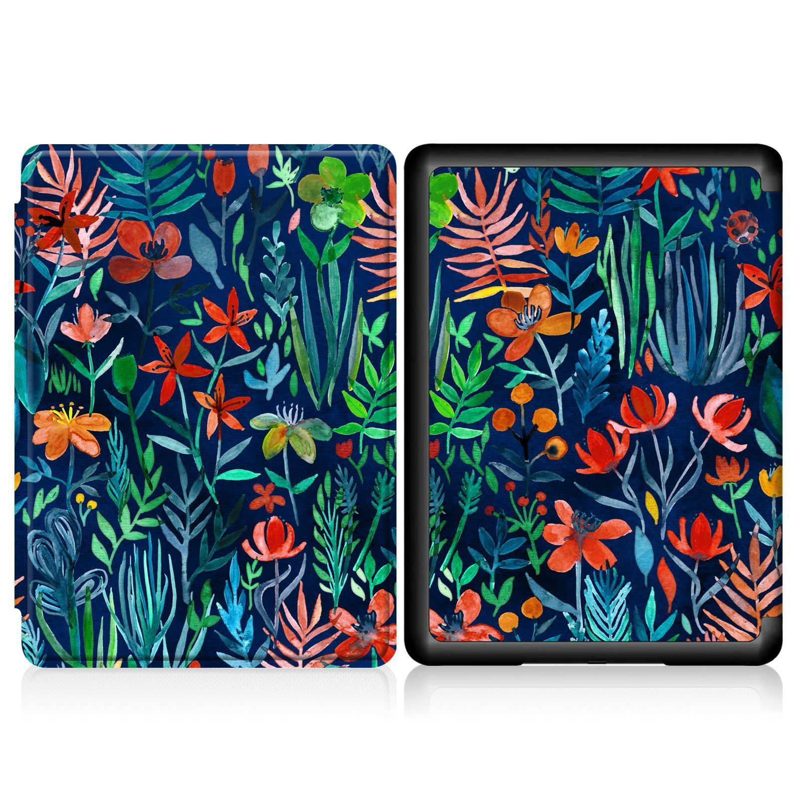 Tablet-Hülle. Die Hülle hat ein Blumenmuster in mehreren Farben. Der Hintergrund ist weiß.